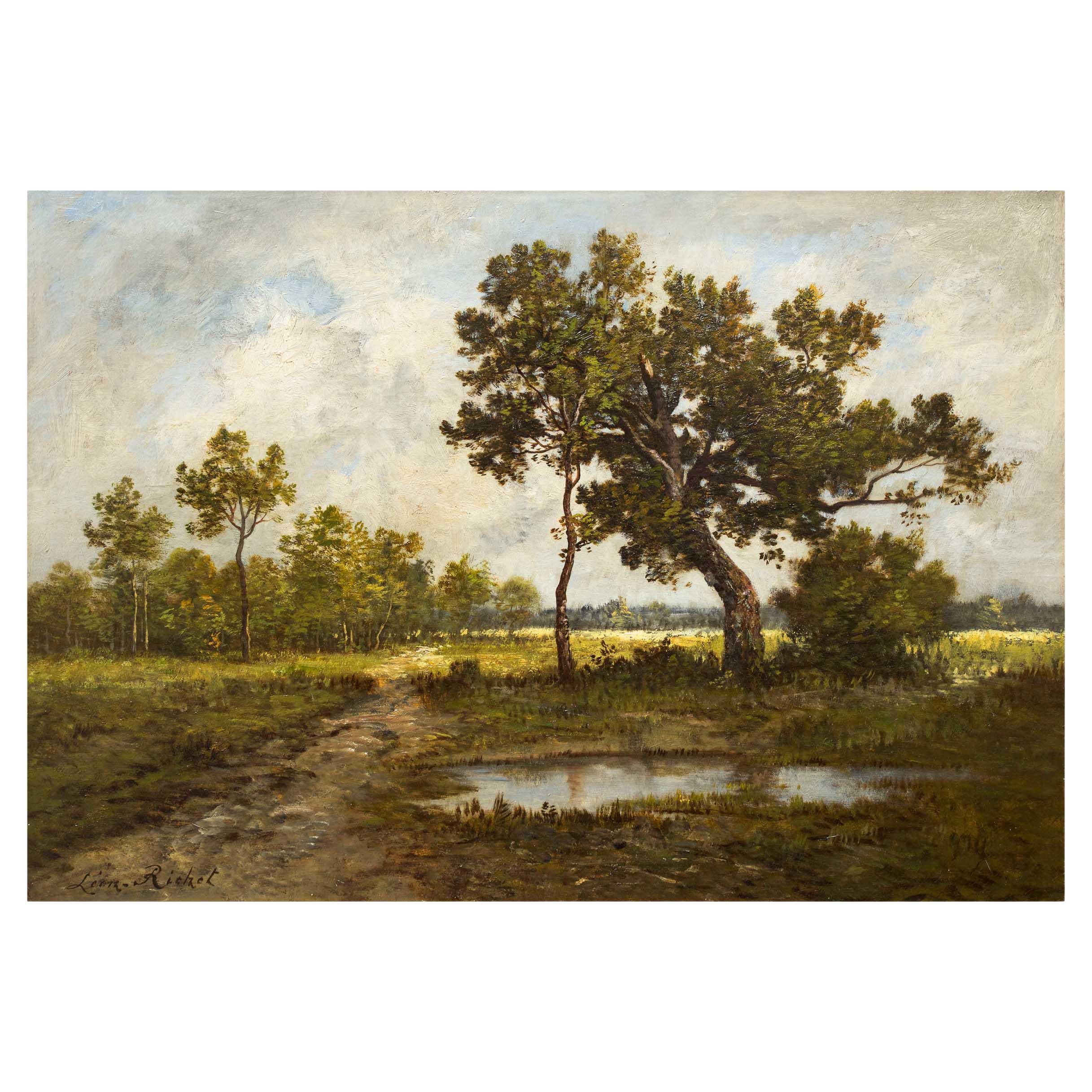 French Barbizon Antique Summer Landscape Painting by Léon Richet