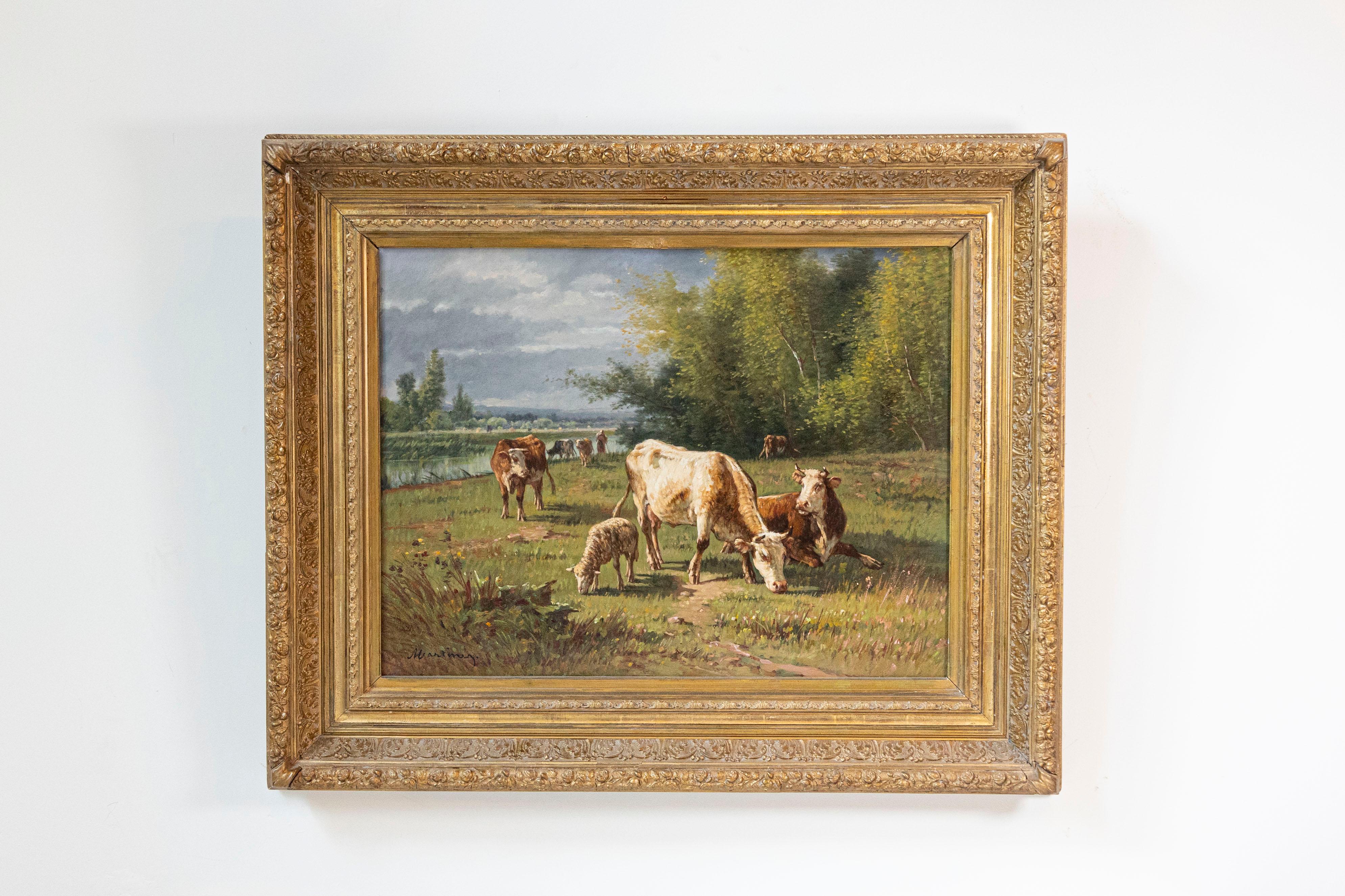 A French Barbizon School oil on canvas painting of cattle herd in a landscape by Pablo (Pierre) Martinez Del Rio, second half of the 19th century. This French plein air painting features an exquisite depiction of a cattle herd, lead from afar by