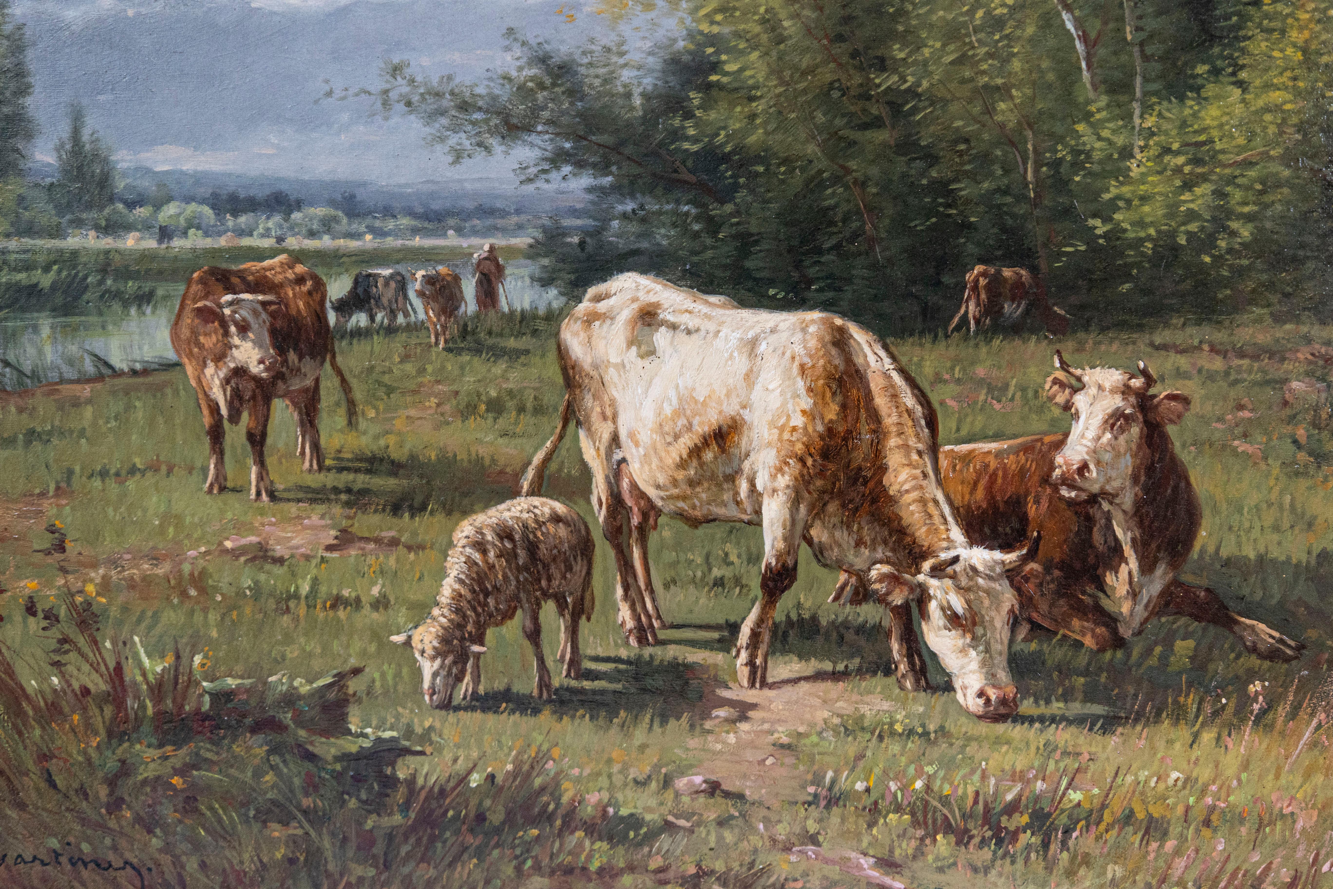 Barbizon School French Barbizon Oil Painting of Cattle Herd by Pablo Martinez del Rio, 1870s For Sale