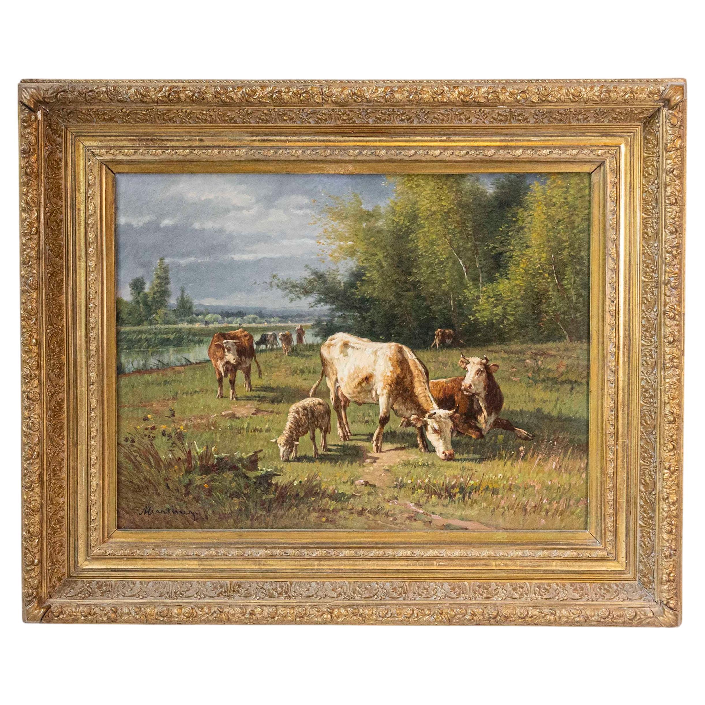 French Barbizon Oil Painting of Cattle Herd by Pablo Martinez del Rio, 1870s