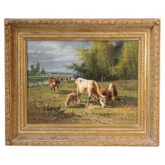 Quadro a olio di Barbizon francese con mandria di bovini di Pablo Martinez del Rio, anni '70 del XIX secolo