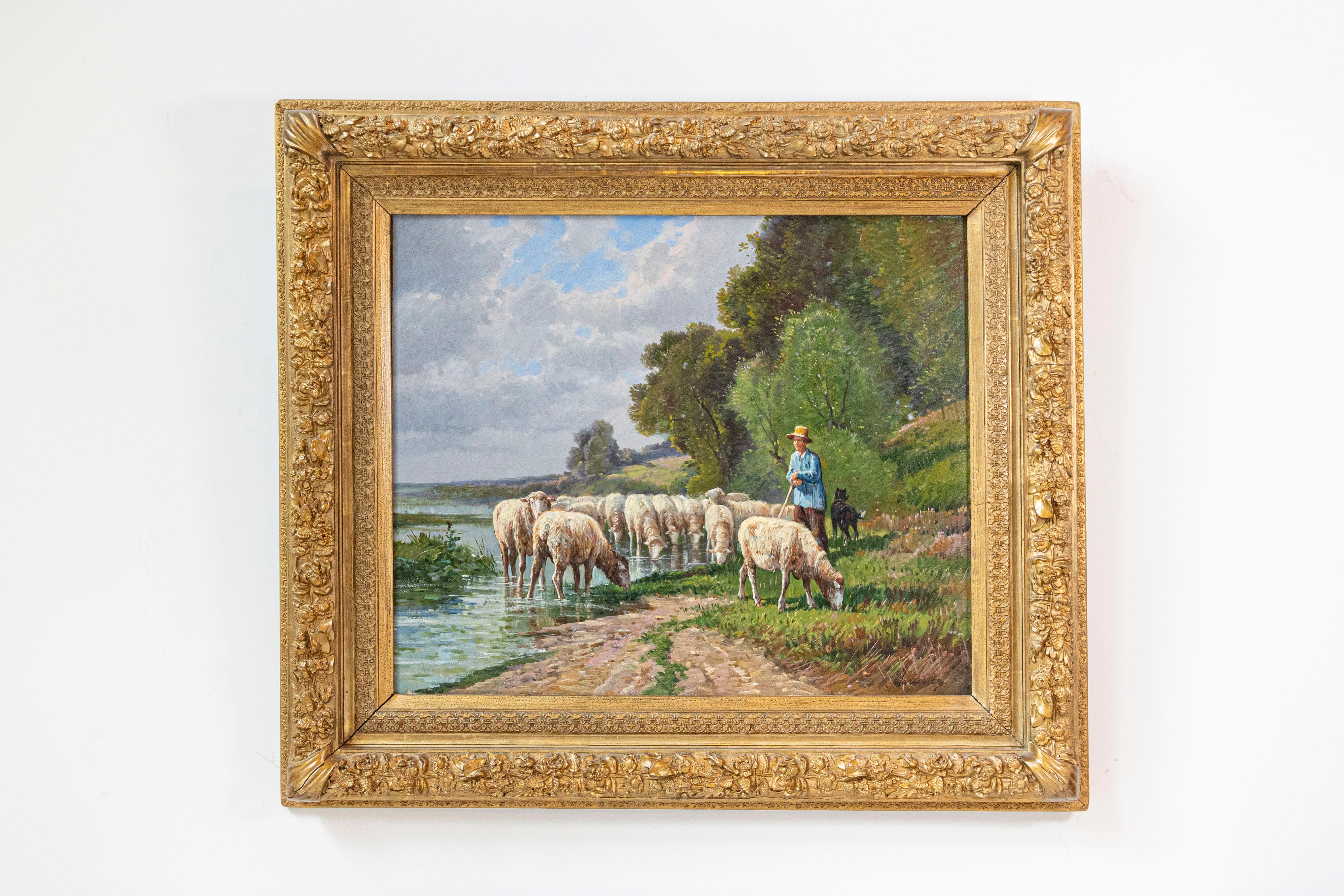 A French Barbizon school painting of a herd of sheep with shepherd and dog by French artist Pablo Martinez Del Rio from the late 19th century in giltwood frame. This French Barbizon plein-air painting features a shepherd and his dog leading a herd