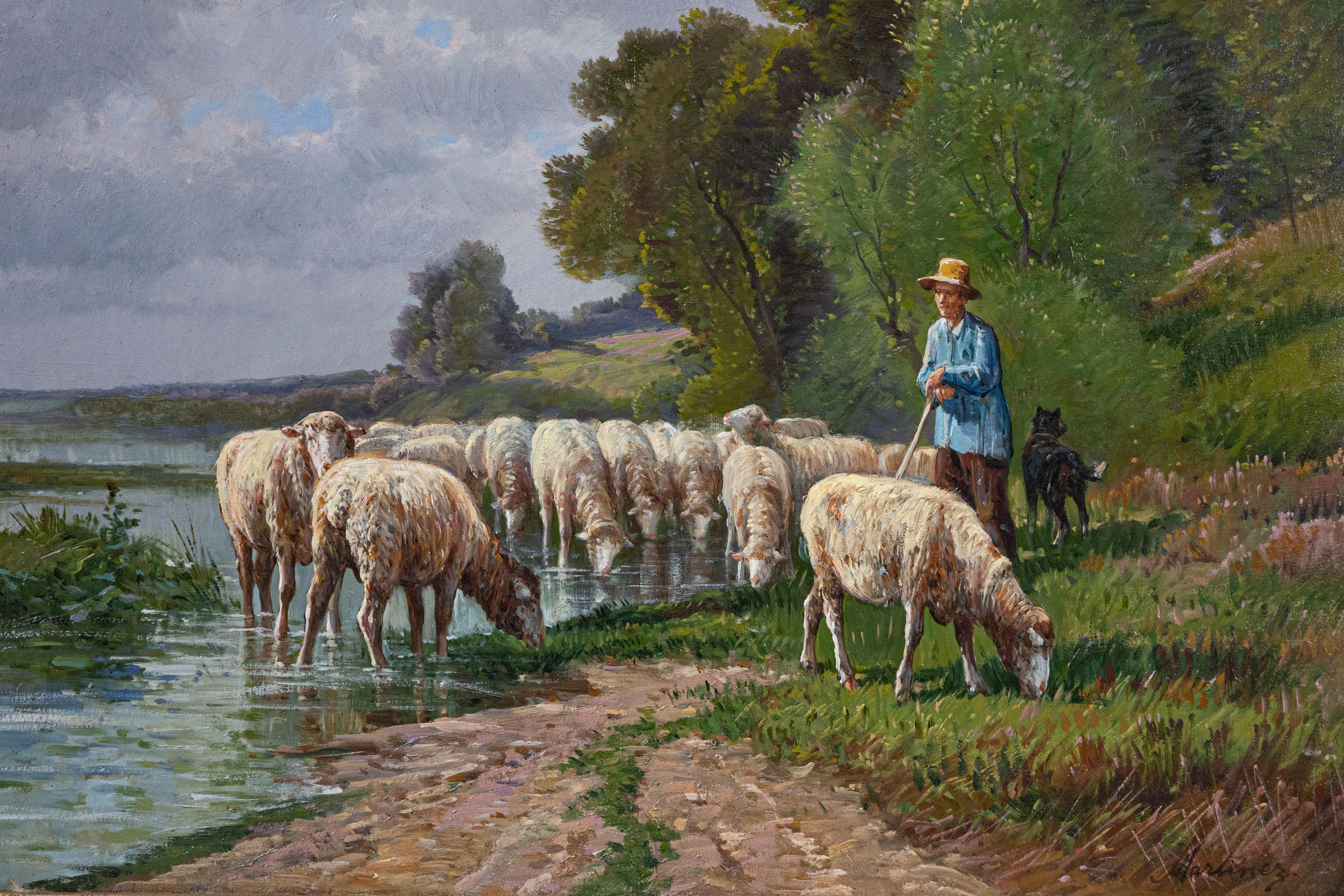 Barbizon School French Barbizon Painting of a Shepherd with His Herd of Sheep, Late 19th Century For Sale