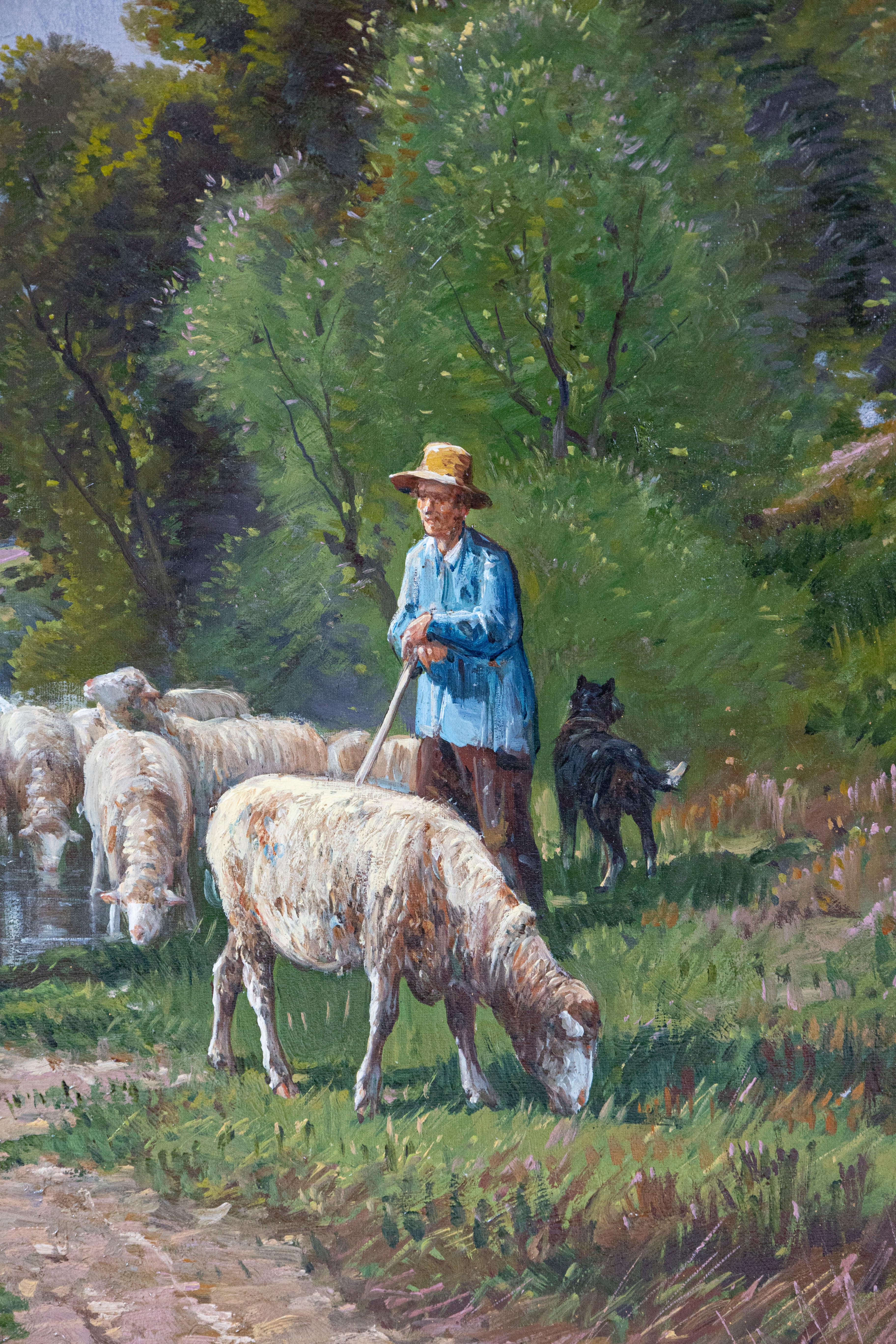 Hand-Painted French Barbizon Painting of a Shepherd with His Herd of Sheep, Late 19th Century For Sale