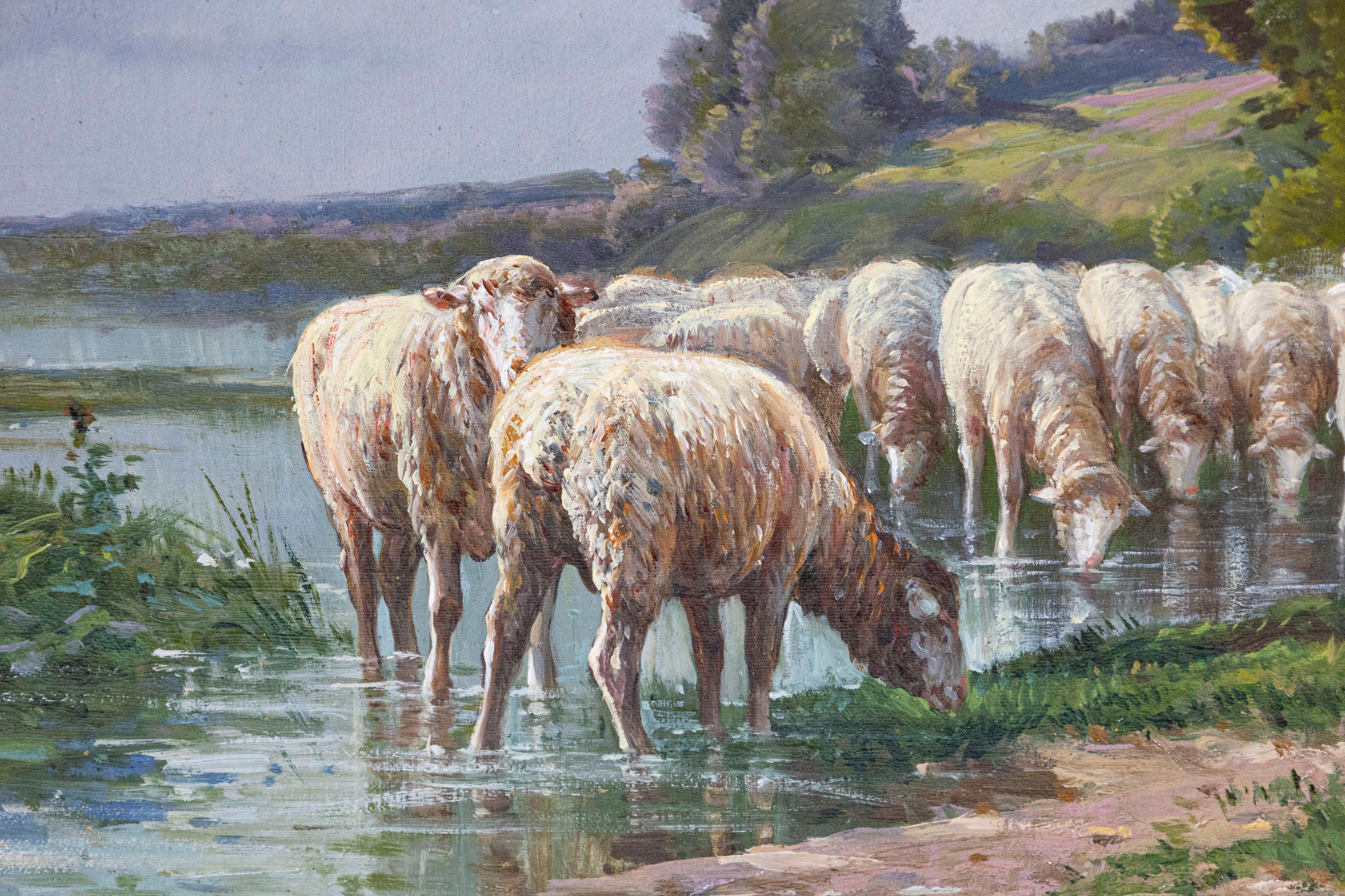 French Barbizon Painting of a Shepherd with His Herd of Sheep, Late 19th Century In Good Condition For Sale In Atlanta, GA