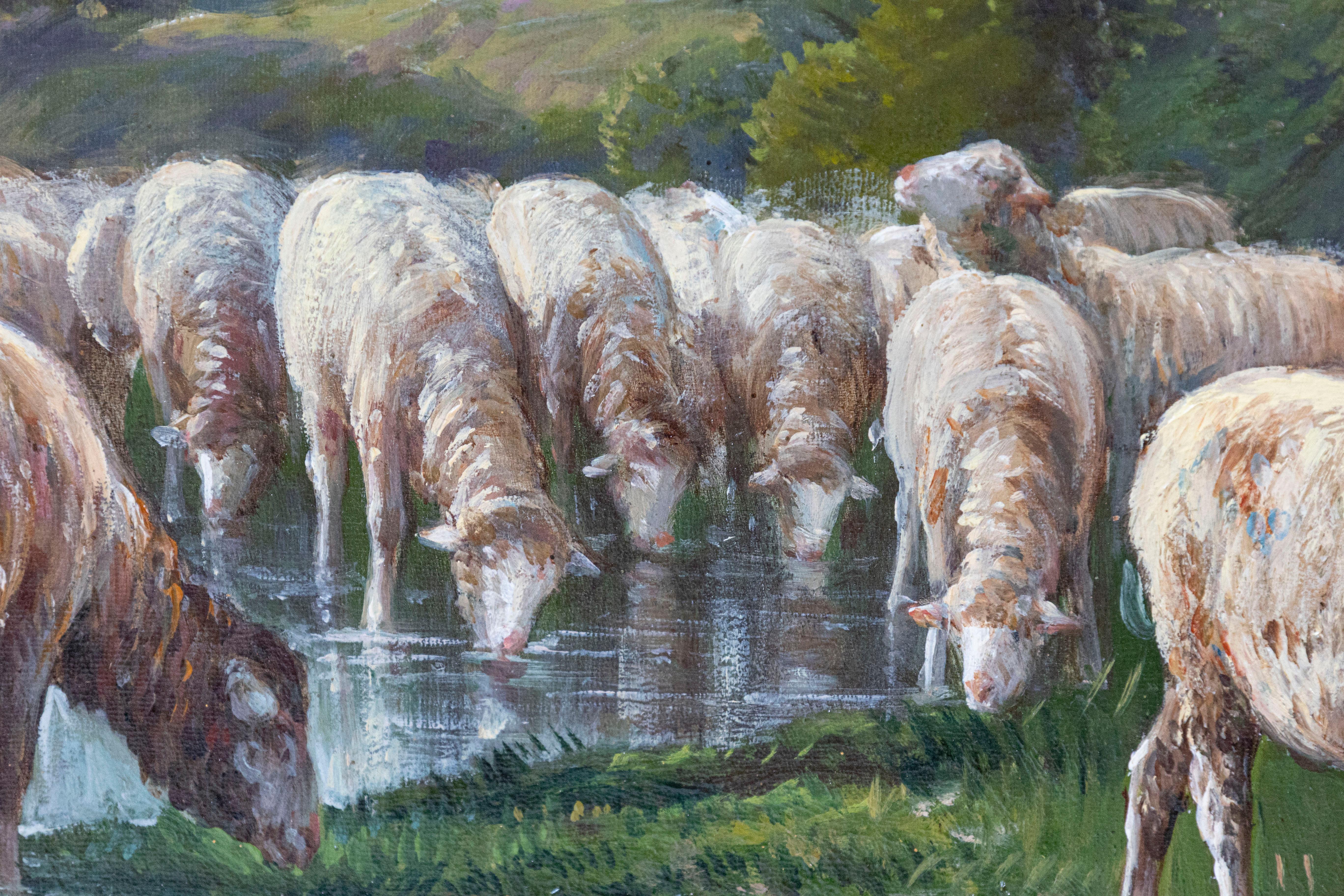 Canvas French Barbizon Painting of a Shepherd with His Herd of Sheep, Late 19th Century For Sale