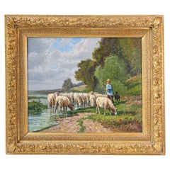 French Barbizon Painting of a Shepherd with His Herd of Sheep, Late 19th Century