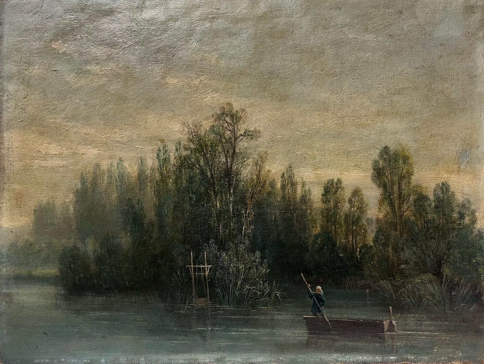 Figure in Boat on the River
French Barbizon School, late 19th century
oil on canvas, unframed
canvas: 11 x 14.5 inches
provenance: private collection, France
condition: very good and sound condition