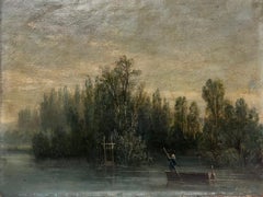 Ancienne peinture à l'huile du 19e siècle de l'école de Barbizon Homme en barque sur la rivière