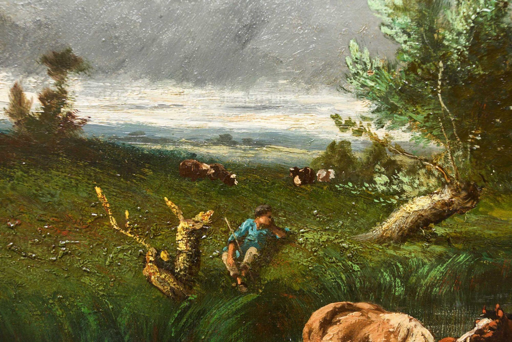 Tableau de paysage pastoral de Barbizon avec chevaux par Jules Dupré en vente 2