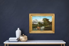 French Barbizon Pastoral Landscape Painting of Horses by Jules Dupré