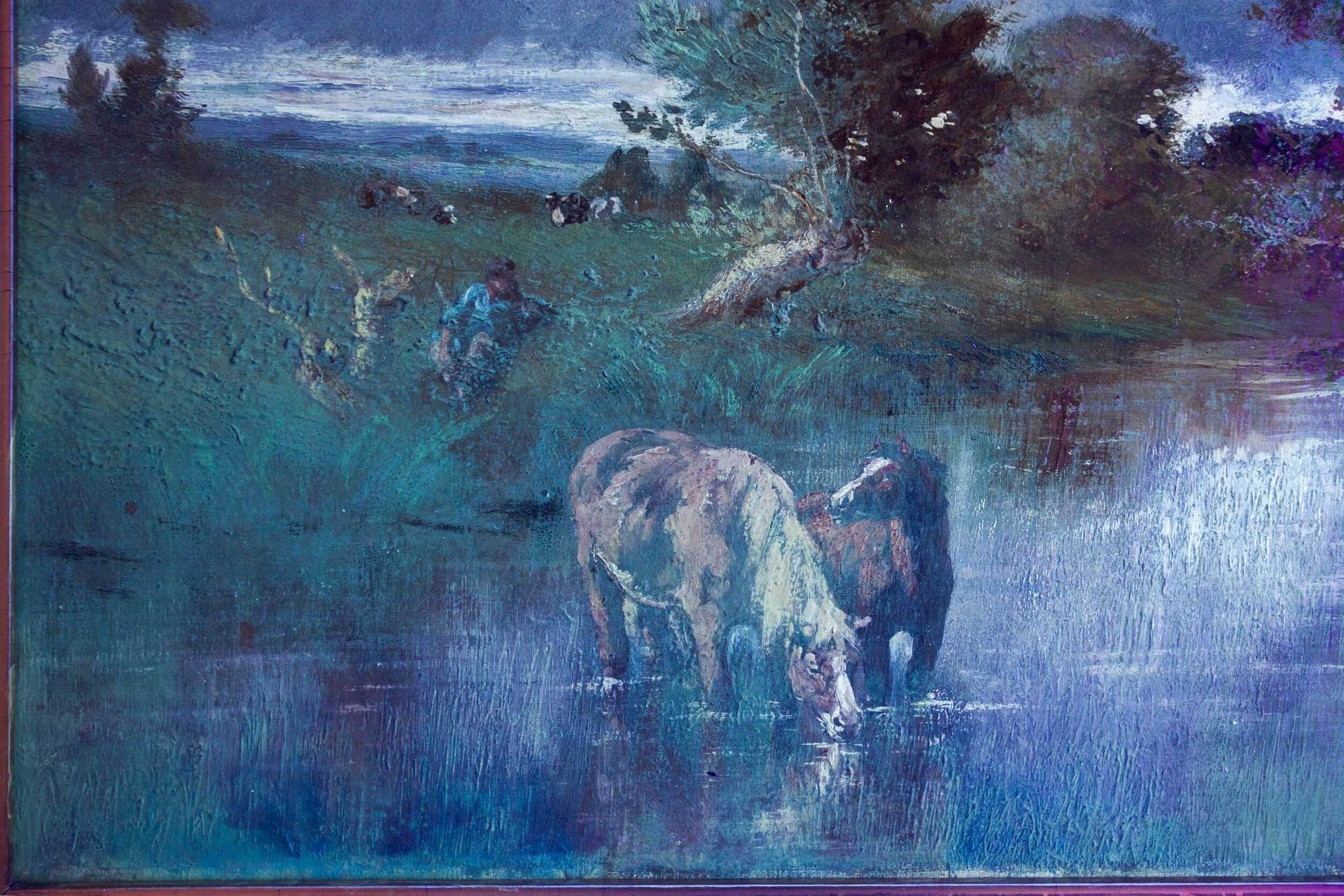French Barbizon Pastoral Landscape Painting of Horses by Jules Dupré For Sale 14
