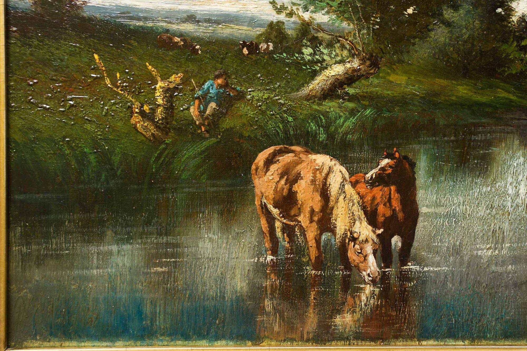 Français Tableau de paysage pastoral de Barbizon avec chevaux par Jules Dupré en vente