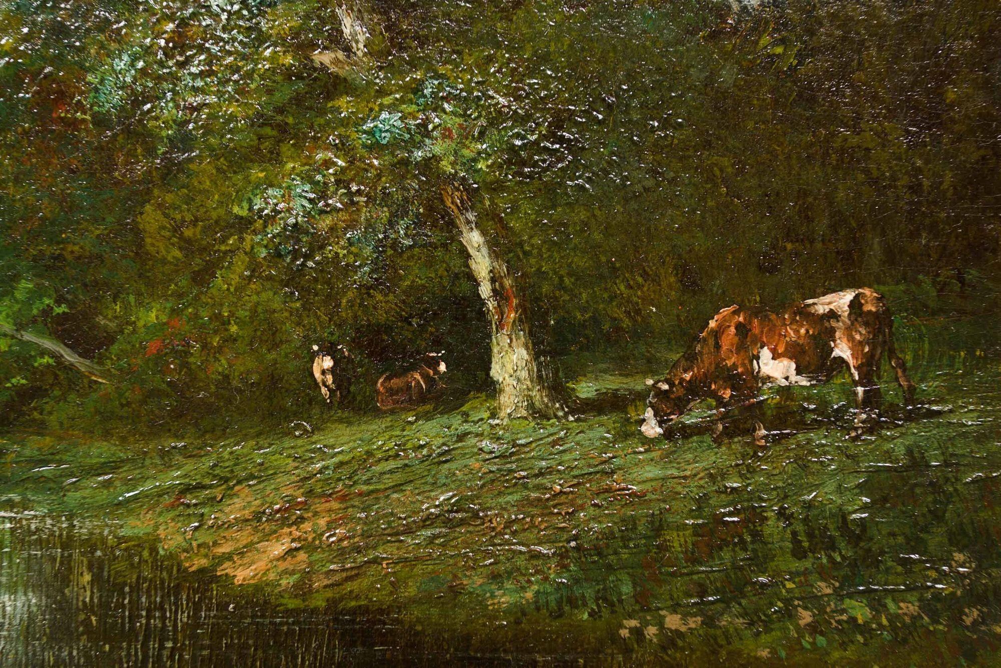 Toile Tableau de paysage pastoral de Barbizon avec chevaux par Jules Dupré en vente