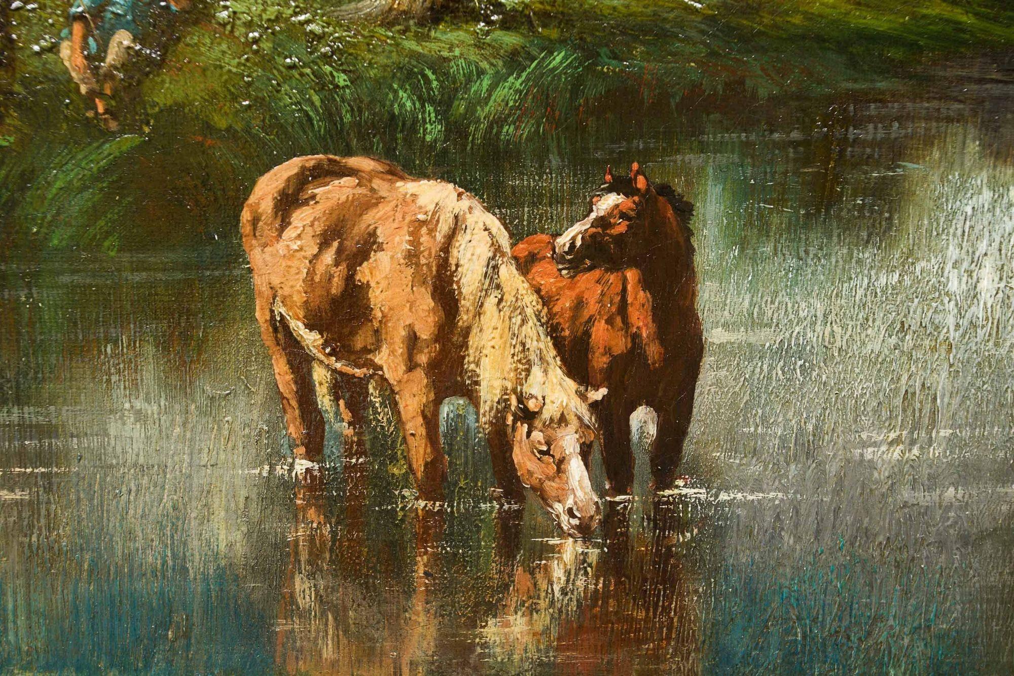 French Barbizon Pastoral Landscape Painting of Horses by Jules Dupré For Sale 4
