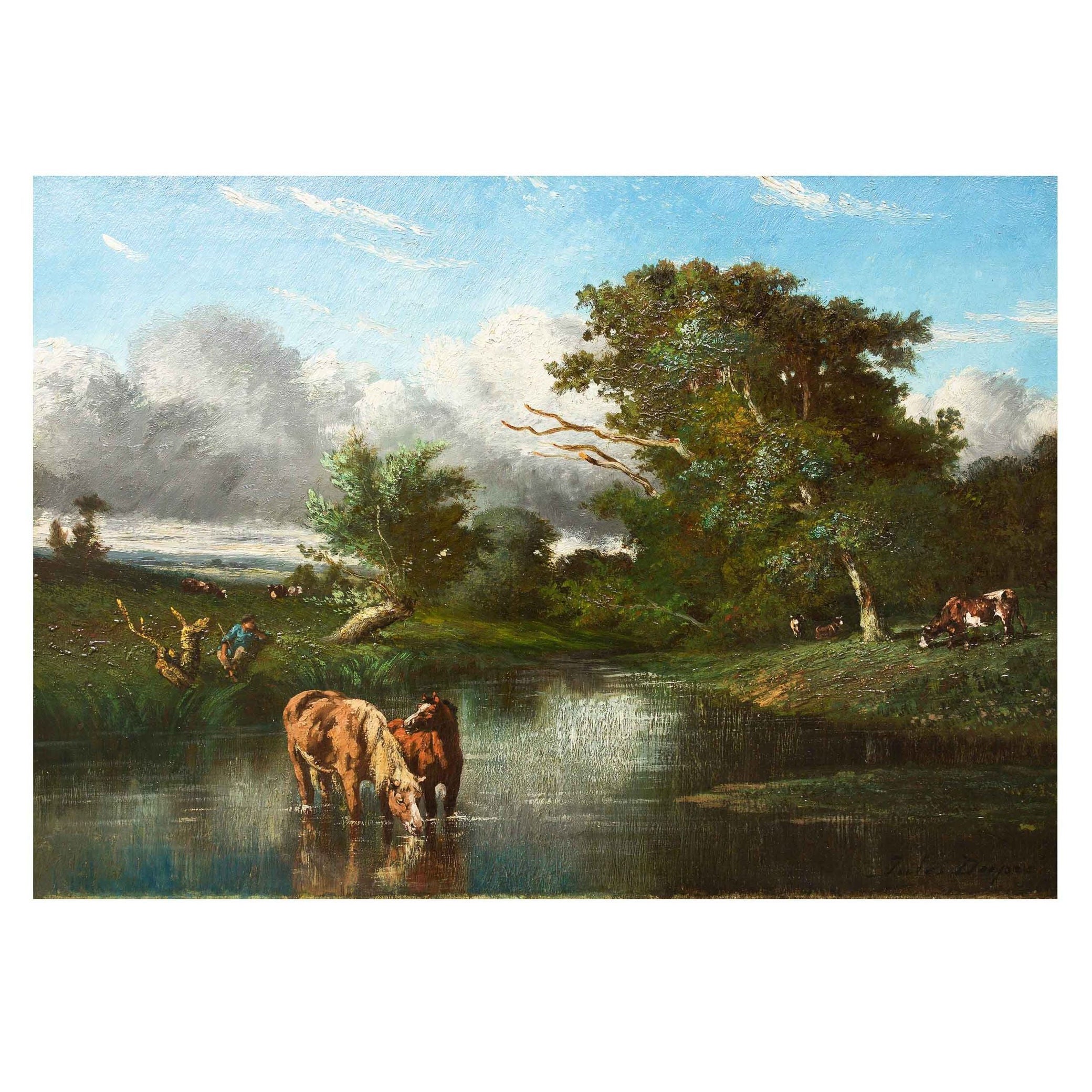 Französische Barbizon Pastoral Landschaft Gemälde von Pferden von Jules Dupré