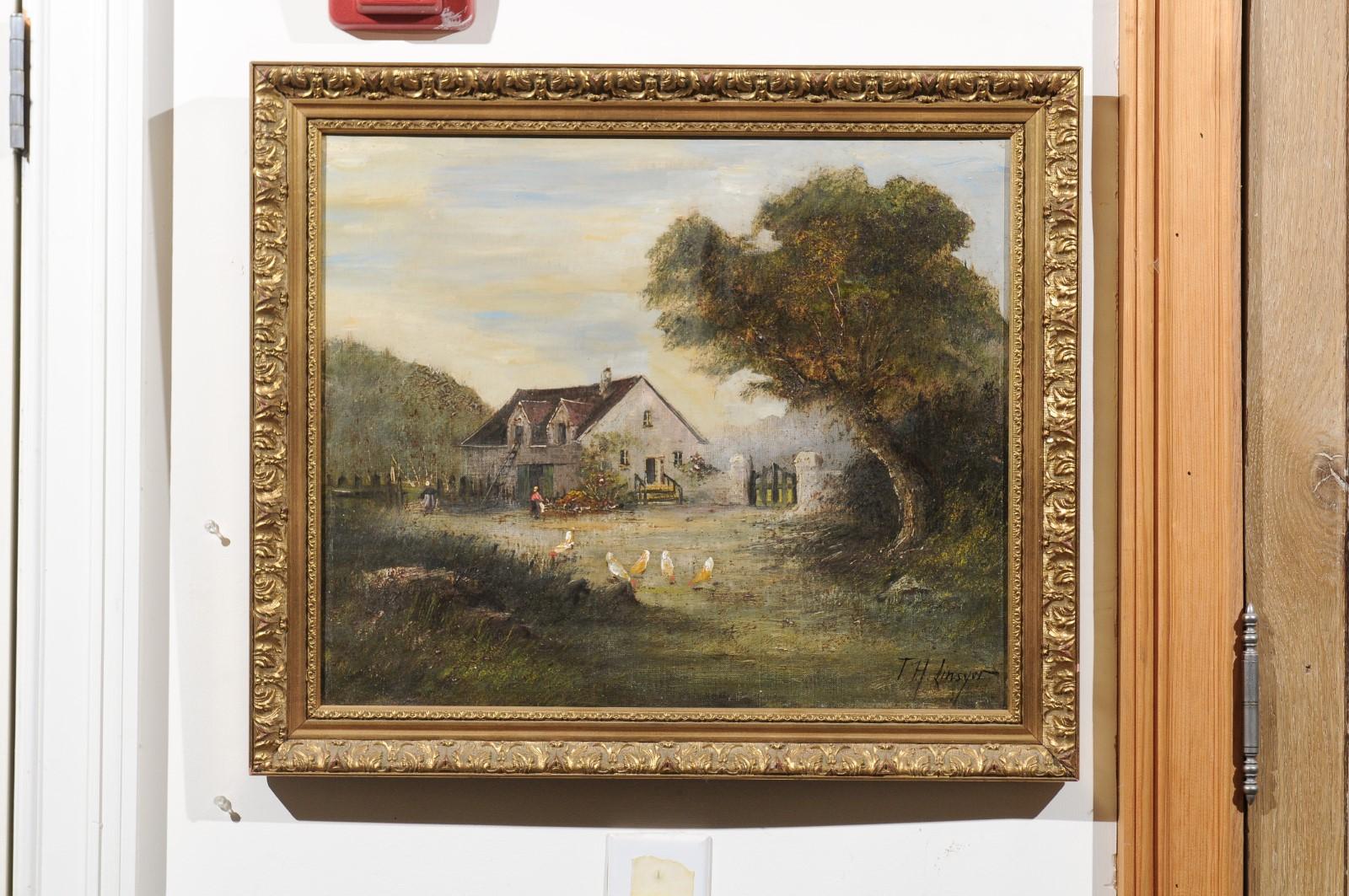 A French Barbizon School framed oil on canvas painting from the early 20th century, depicting a pastoral farmyard scene and signed Theodore Linsyer. Born in France during the early years of the 20th century from the hand of Theodore Linsyer, this