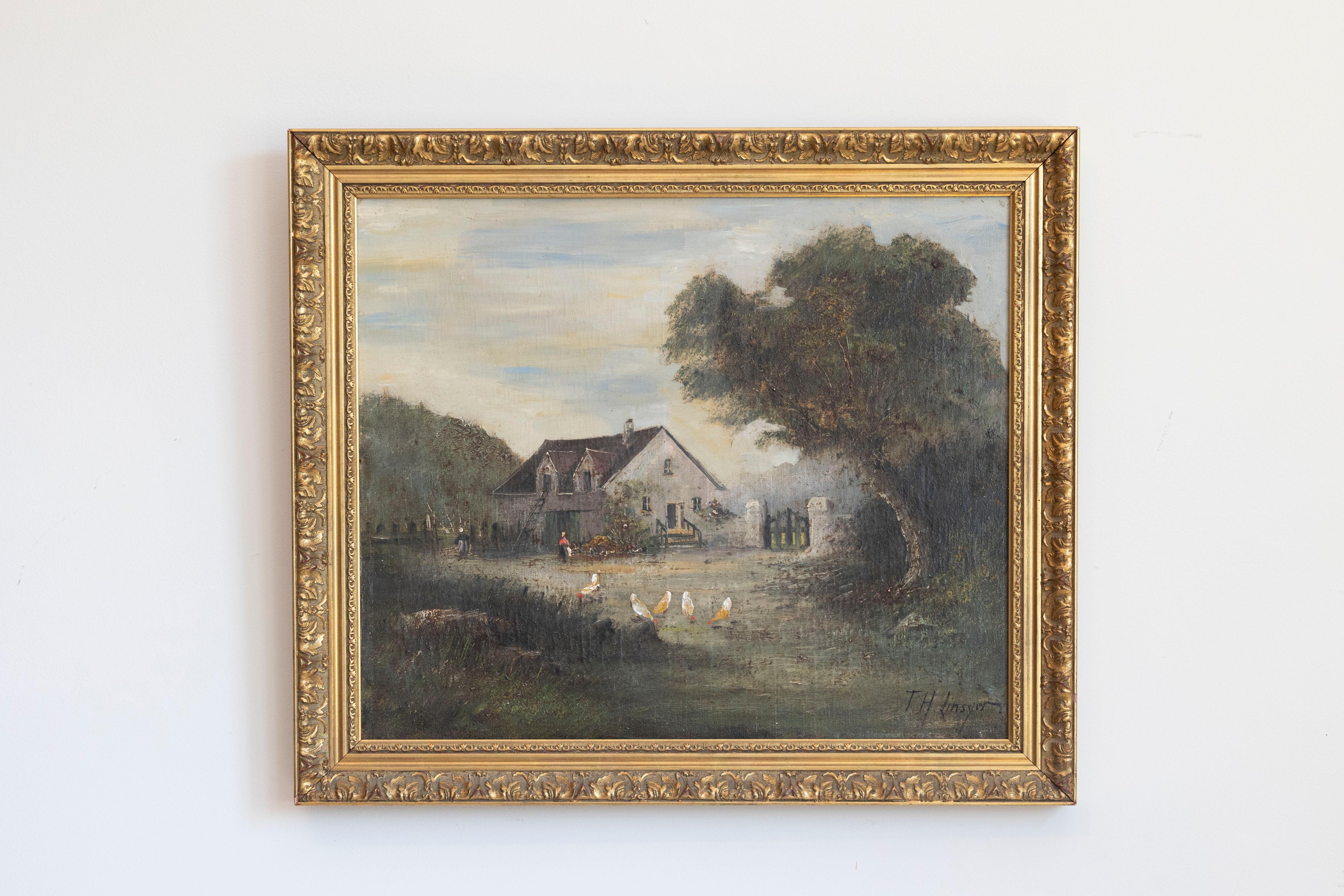 Óleo sobre lienzo enmarcado de la Escuela de Barbizon francesa, de principios del siglo XX, que representa una escena pastoril de corral y está firmado por Theodore Linsyer. Nacido en Francia durante los primeros años del siglo XX de la mano de