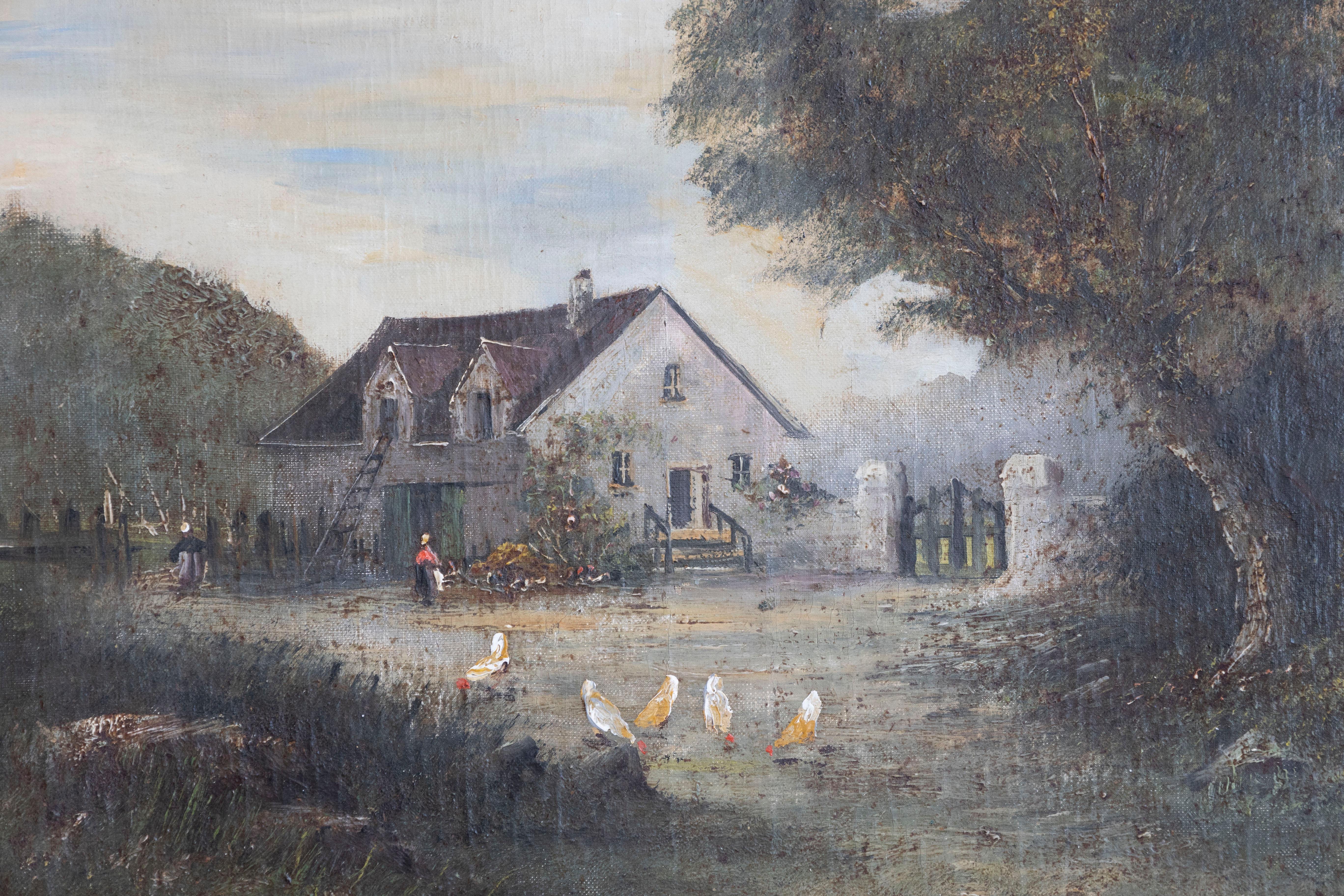 Pintura pastoral al óleo sobre lienzo enmarcada de la escuela francesa de Barbizon Firmada Th. Linsyer Escuela de Barbizon en venta