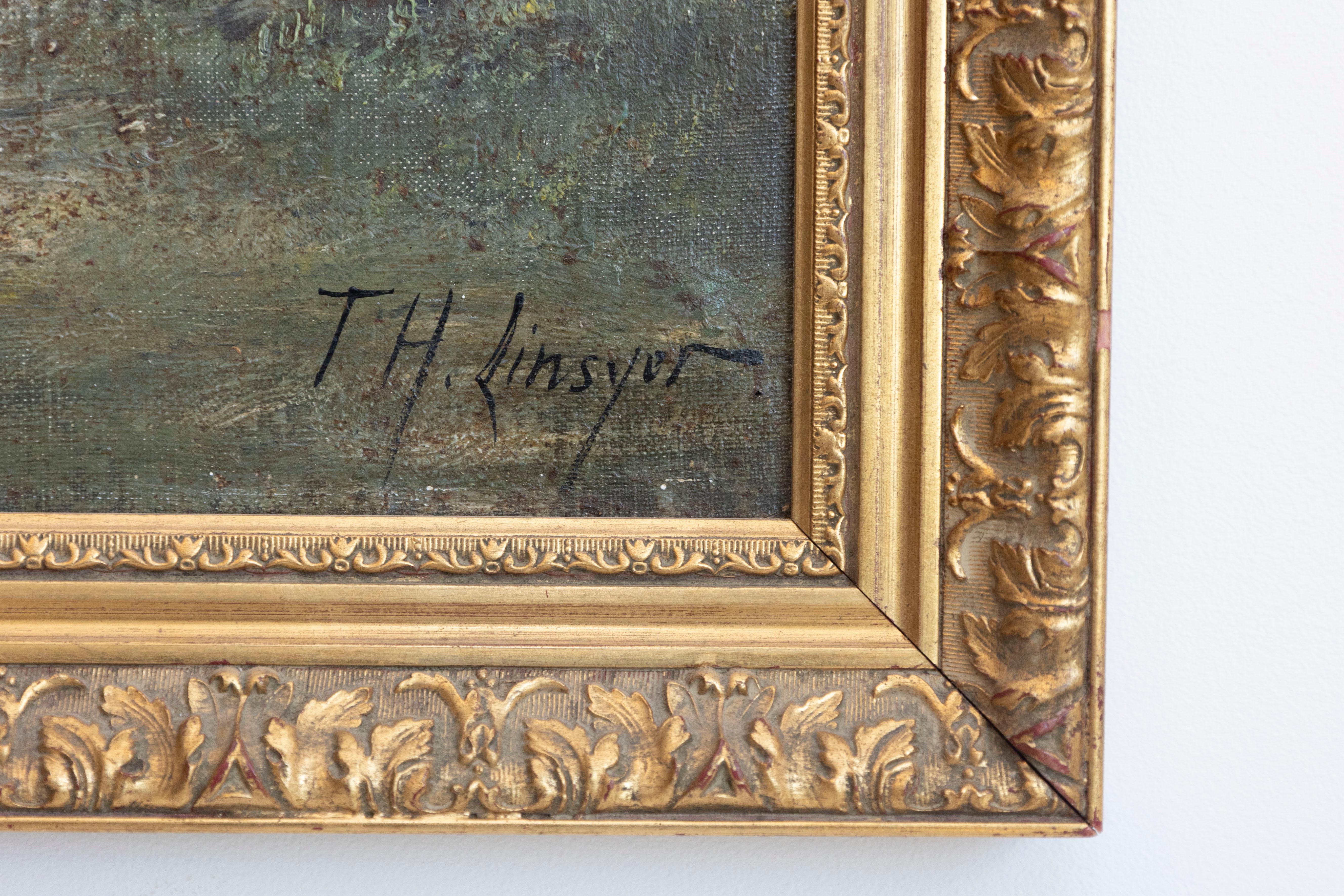 Pintura pastoral al óleo sobre lienzo enmarcada de la escuela francesa de Barbizon Firmada Th. Linsyer Francés en venta