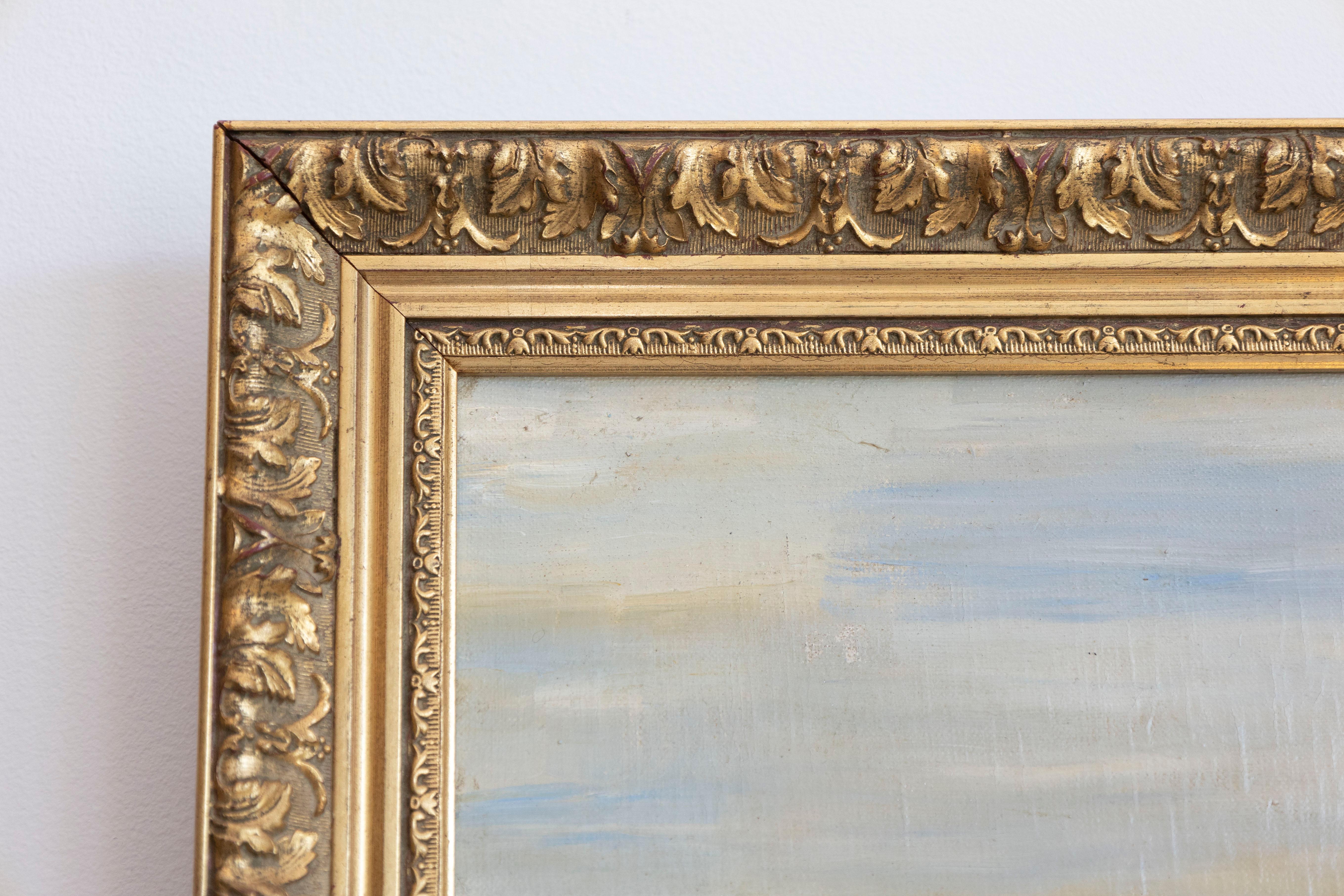 Pintura pastoral al óleo sobre lienzo enmarcada de la escuela francesa de Barbizon Firmada Th. Linsyer Tallado en venta