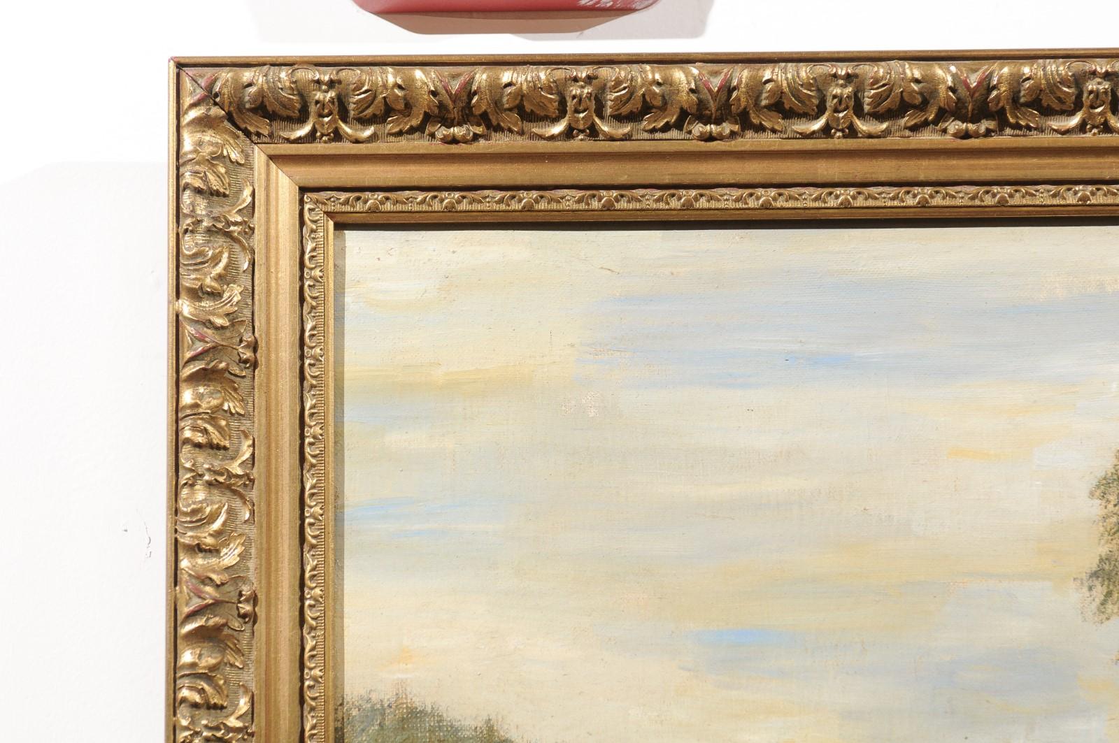Huile sur toile encadrée de l'école française de Barbizon, peinture pastorale, signée Th. Linsyer Bon état - En vente à Atlanta, GA