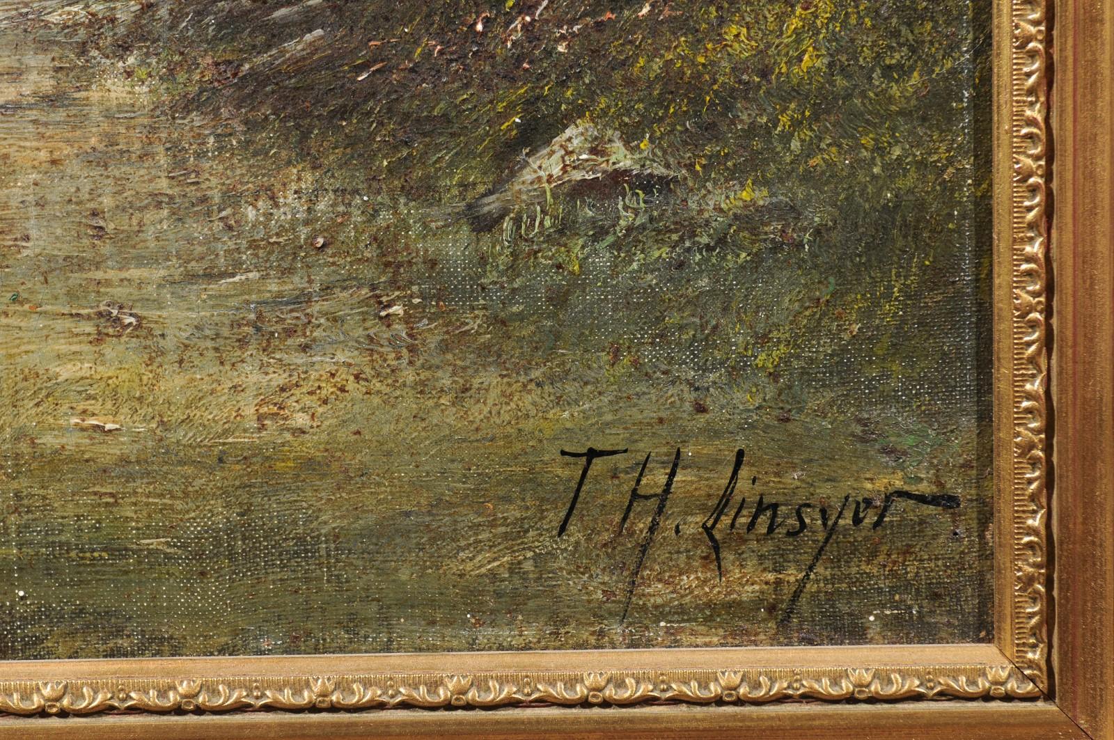 20ième siècle Huile sur toile encadrée de l'école française de Barbizon, peinture pastorale, signée Th. Linsyer en vente