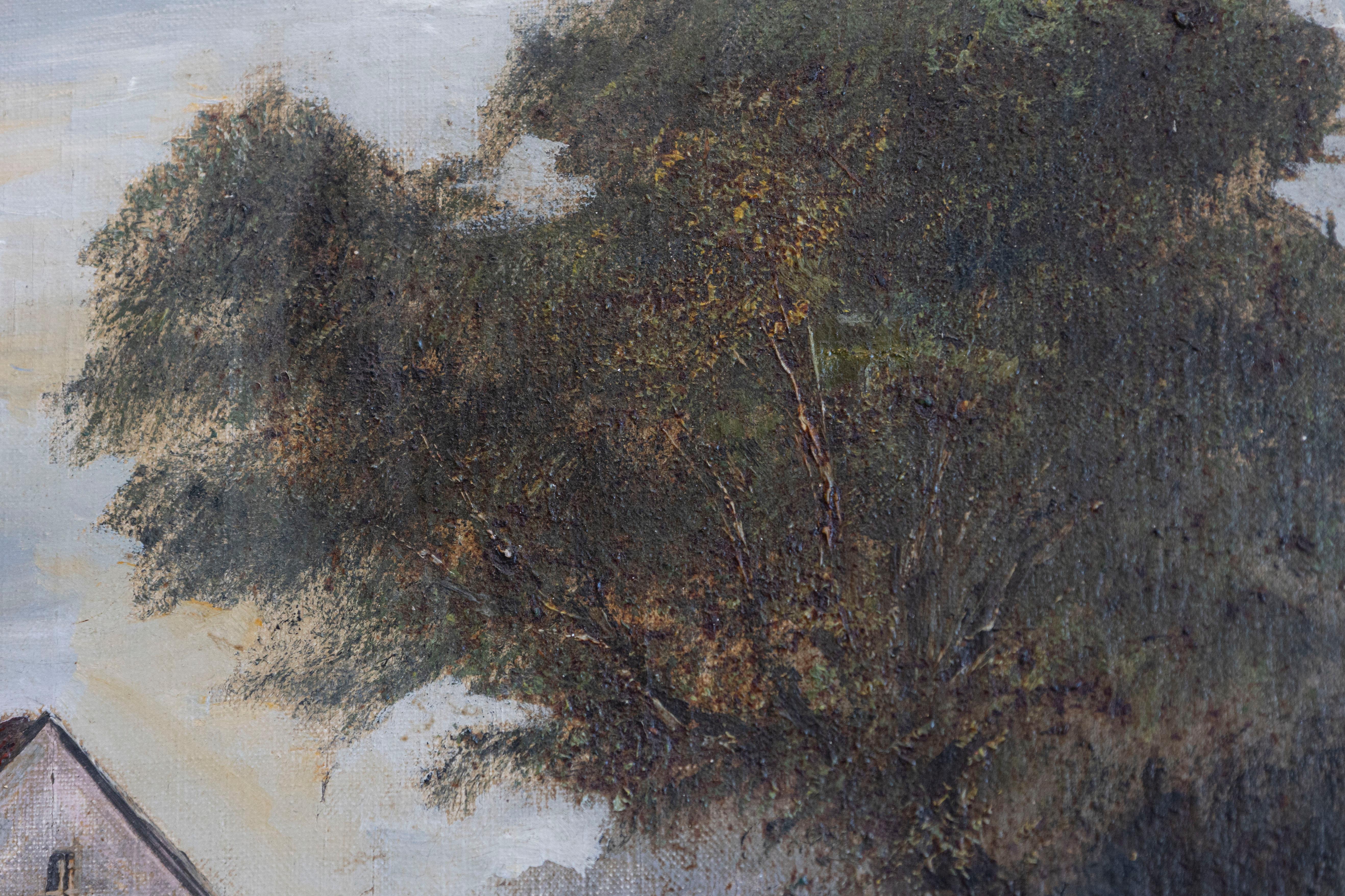 Pintura pastoral al óleo sobre lienzo enmarcada de la escuela francesa de Barbizon Firmada Th. Linsyer siglo XX en venta