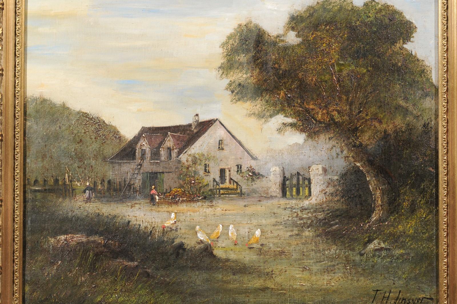 Bois doré Huile sur toile encadrée de l'école française de Barbizon, peinture pastorale, signée Th. Linsyer en vente