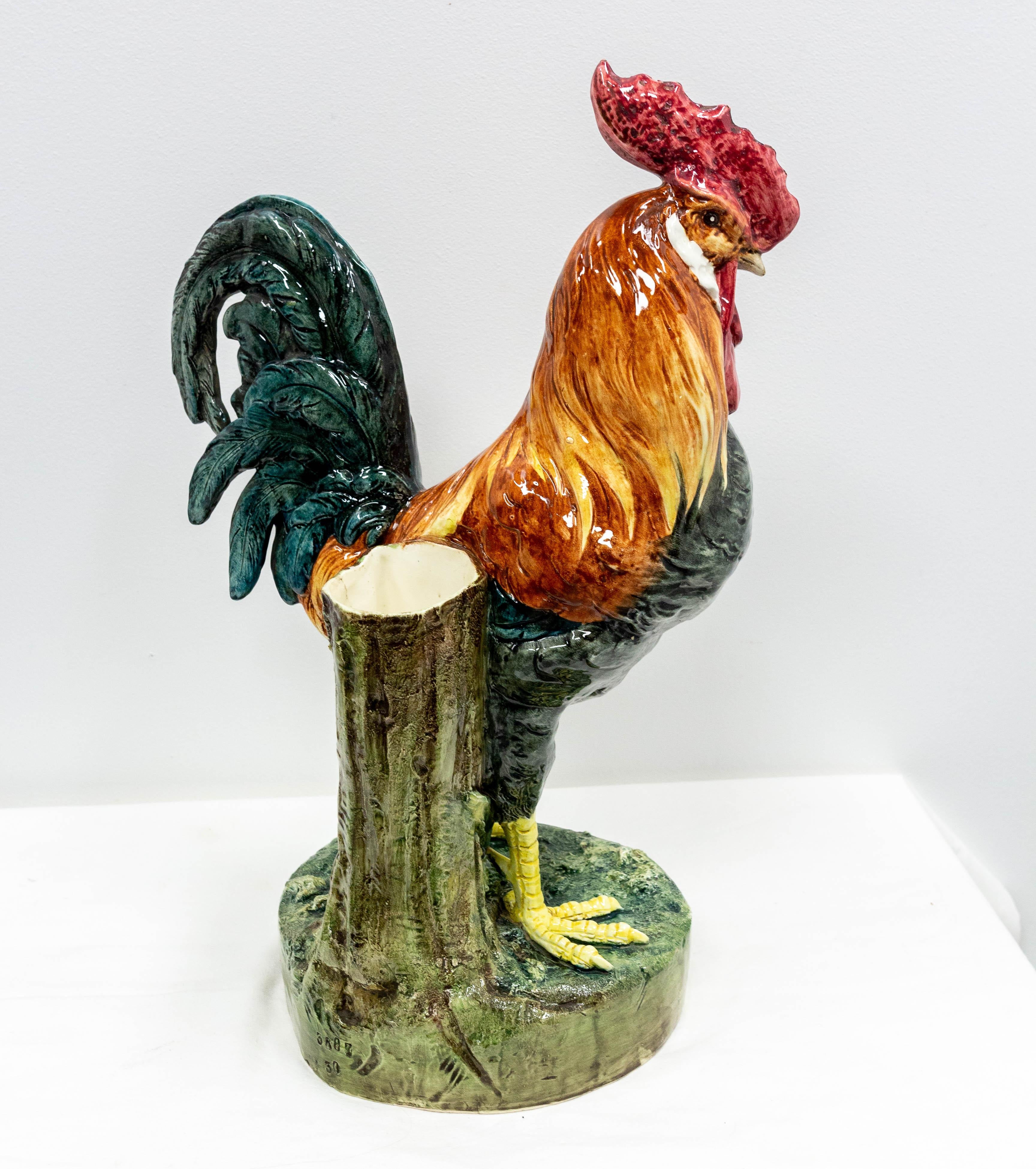 Romantic French Barbotine Ceramic Vase and Rooster, Late 19th Century, Vallauris For Sale