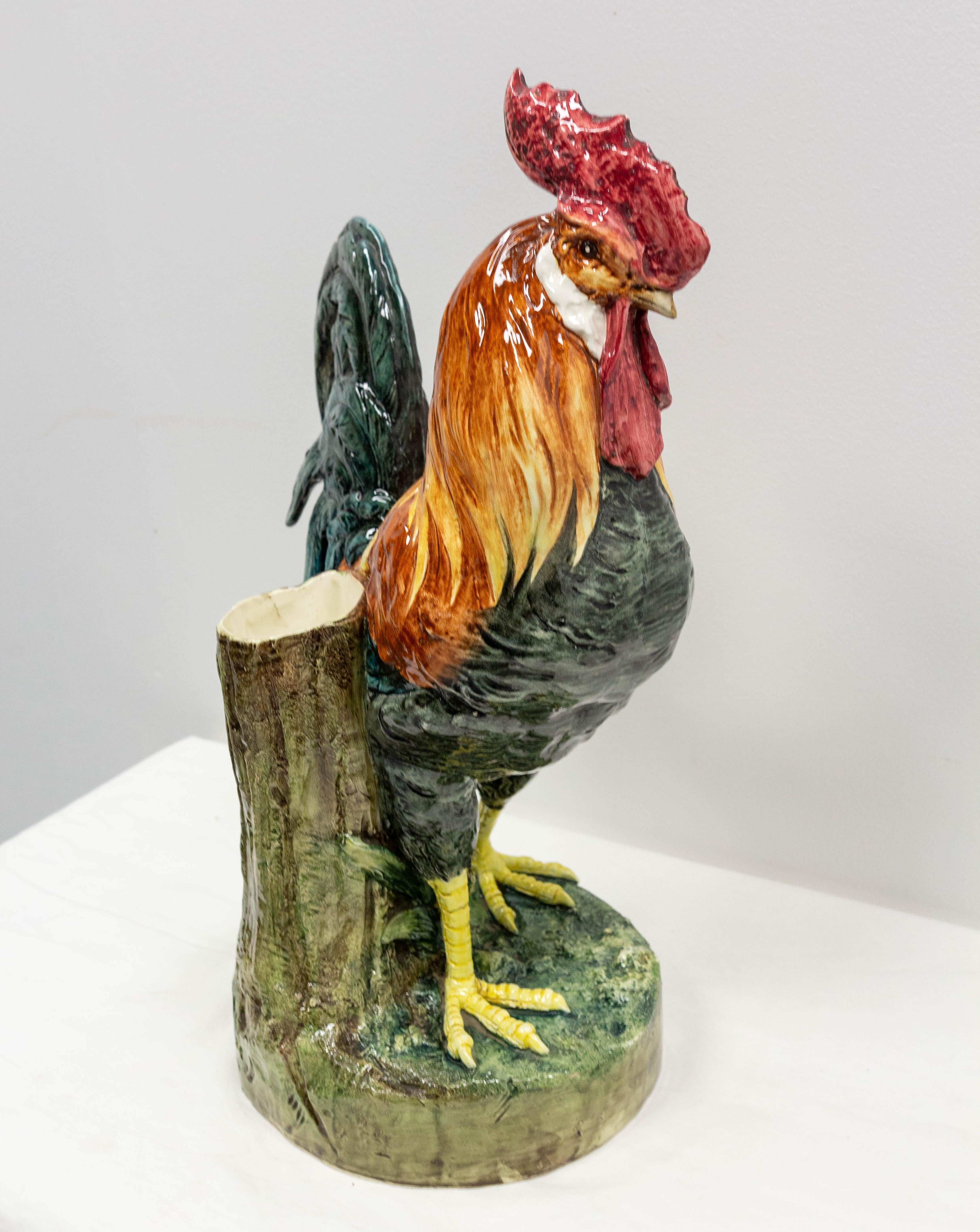 Romantic French Barbotine Ceramic Vase and Rooster, Late 19th Century, Vallauris For Sale