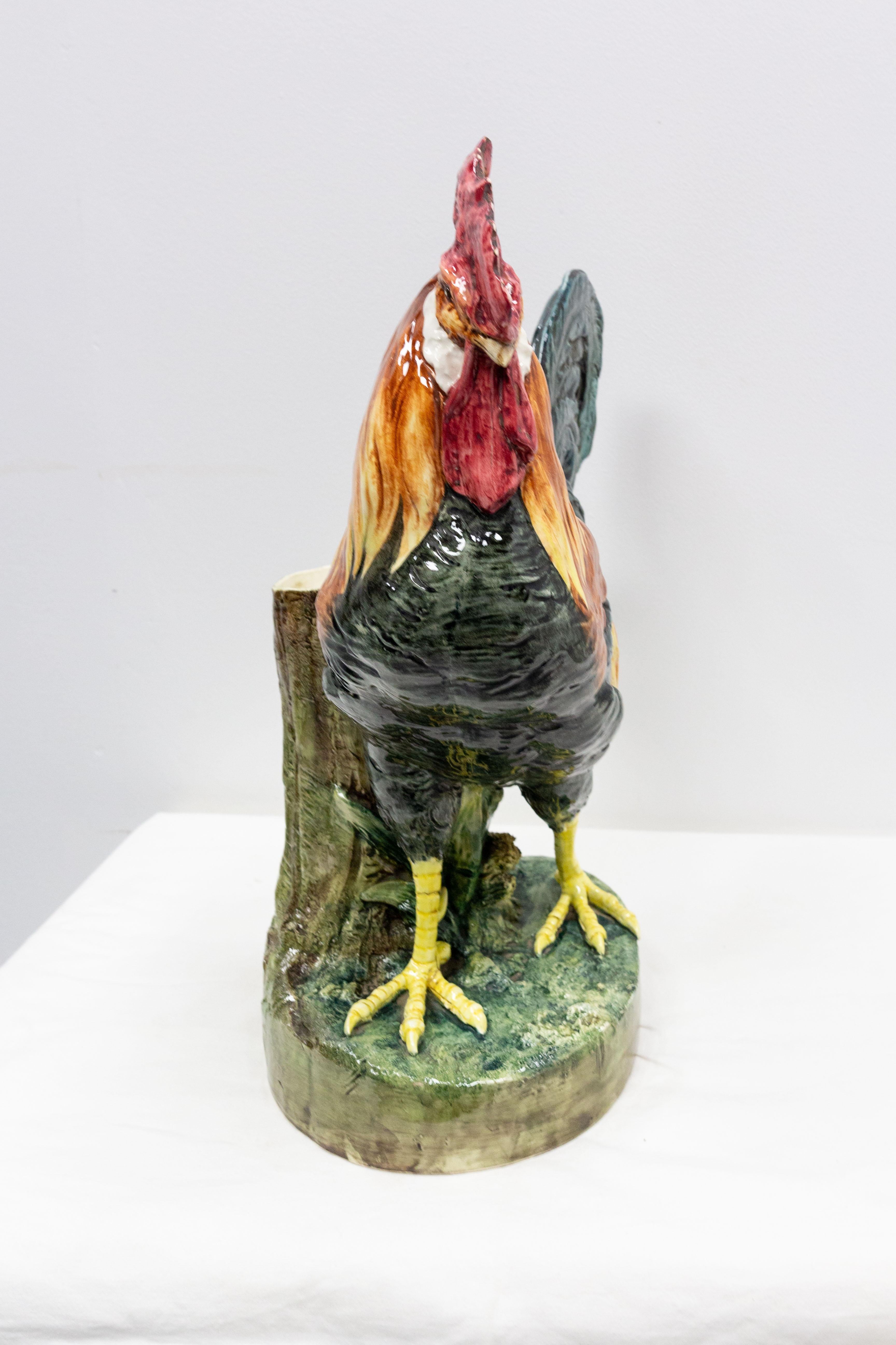 French Barbotine Ceramic Vase and Rooster, Late 19th Century, Vallauris In Good Condition For Sale In Labrit, Landes