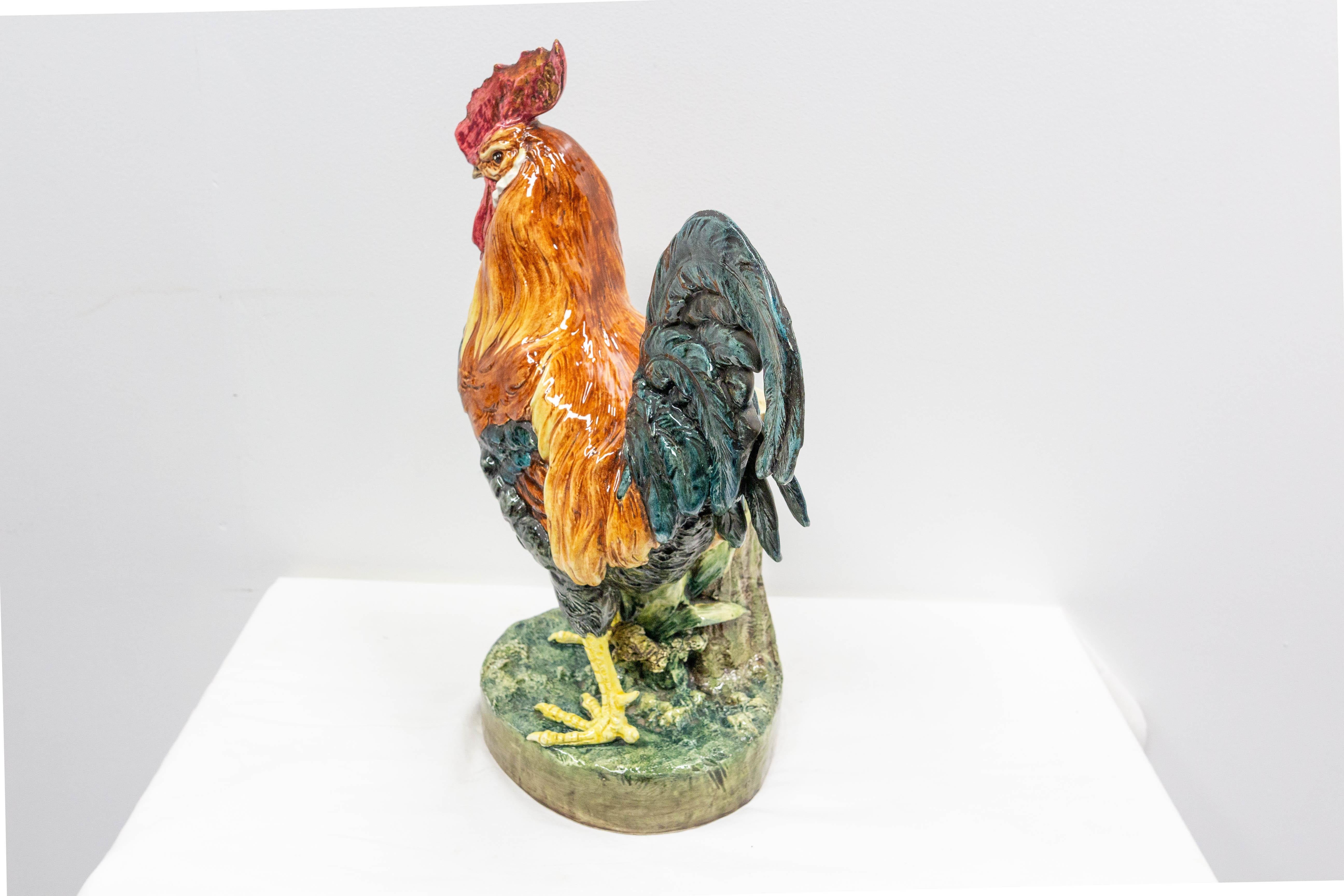 French Barbotine Ceramic Vase and Rooster, Late 19th Century, Vallauris For Sale 1