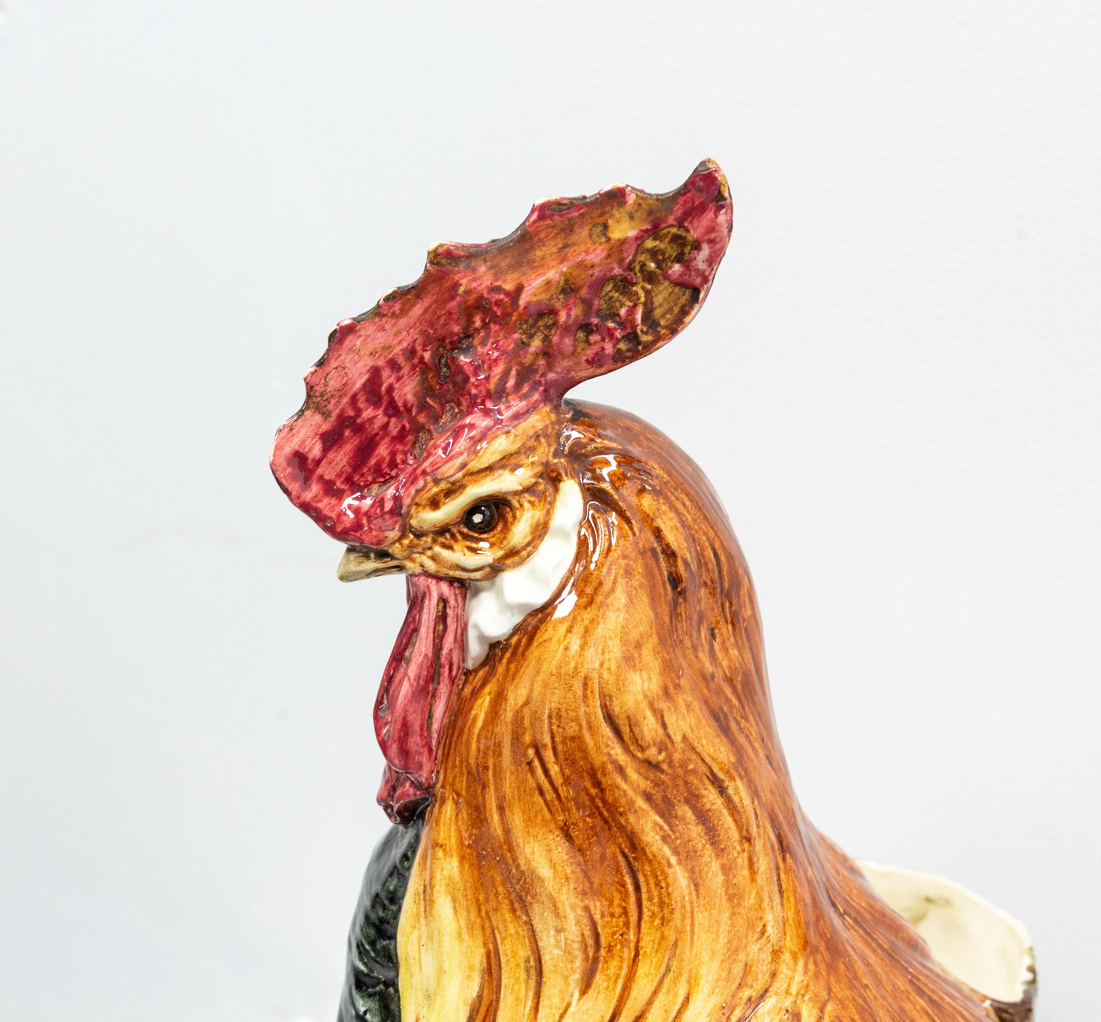 French Barbotine Ceramic Vase and Rooster, Late 19th Century, Vallauris For Sale 4