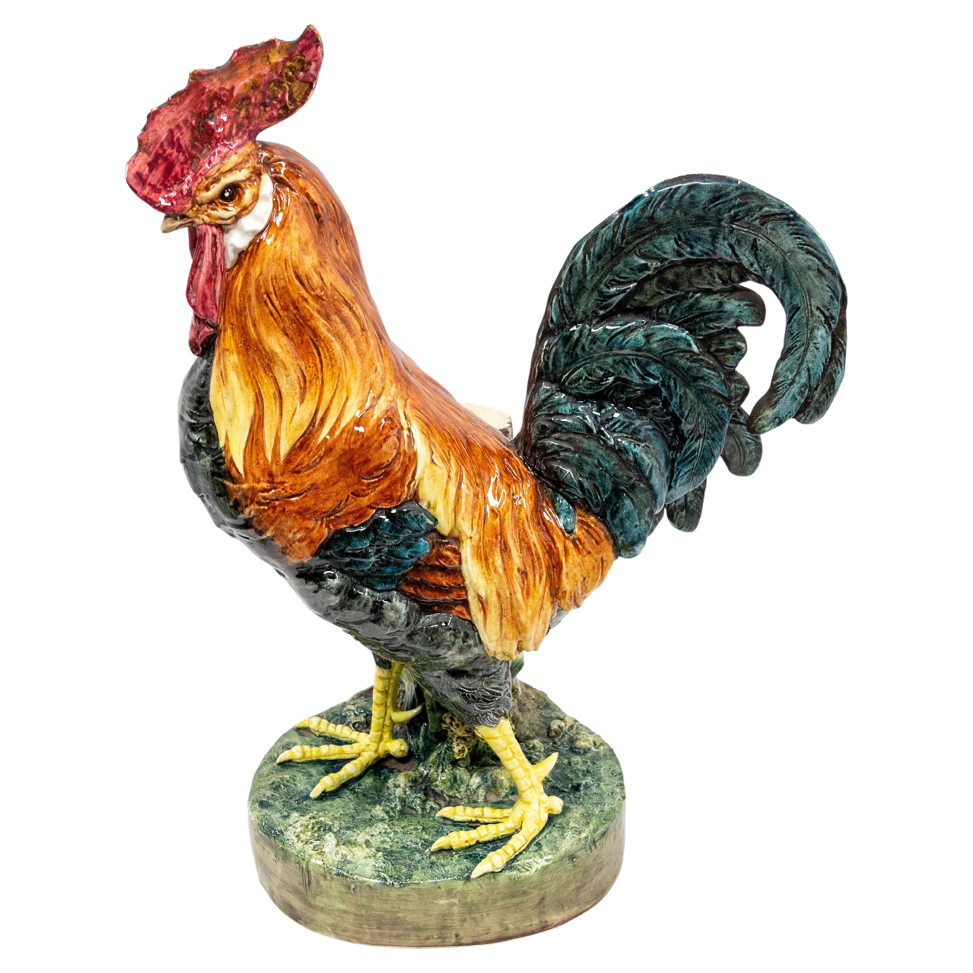 French Barbotine Ceramic Vase and Rooster, Late 19th Century, Vallauris For Sale