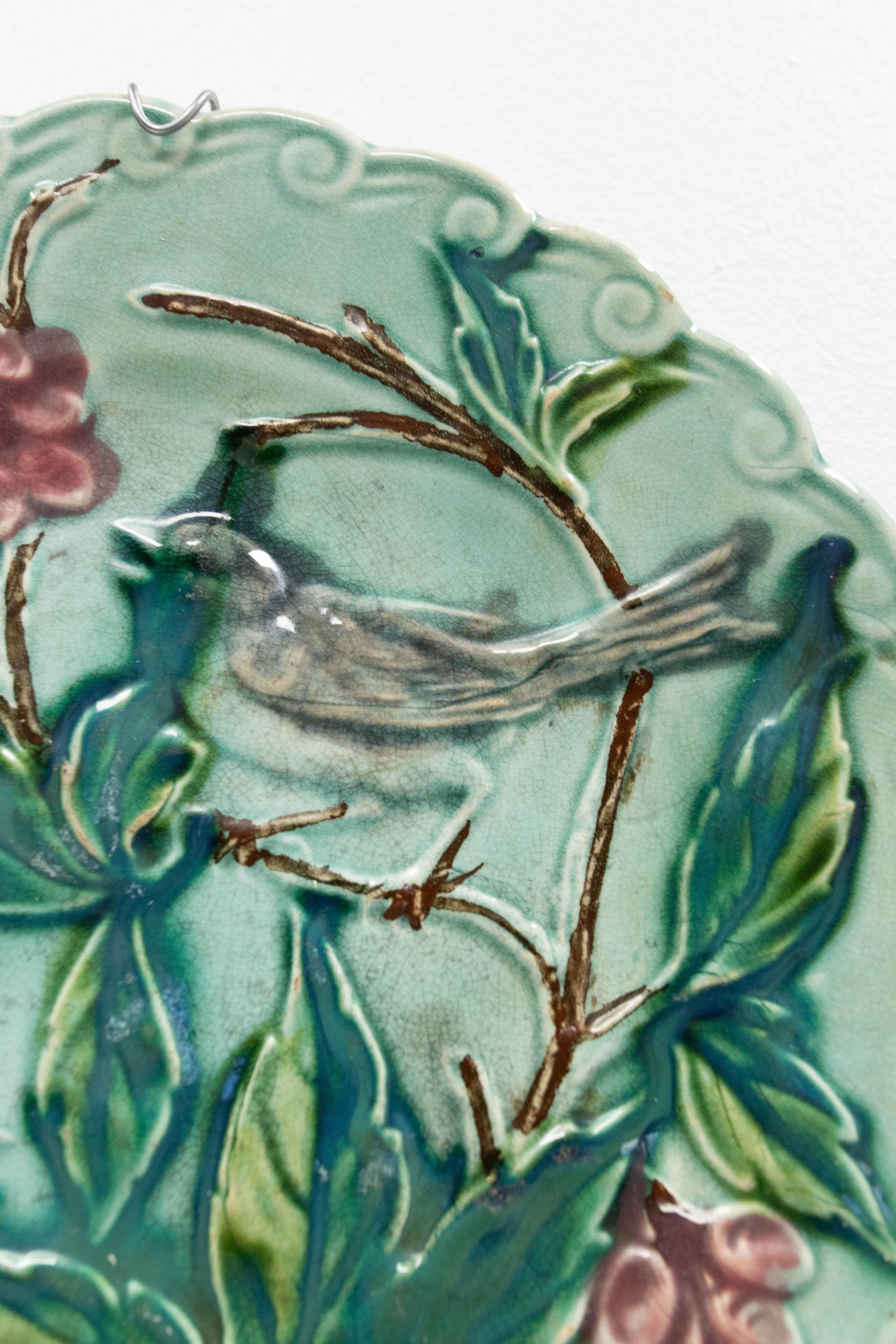 Napoleon III French Barbotine Enameled Plates Birds in Vine, Late 19th Century For Sale