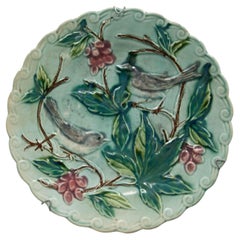 French Barbotine Enameled Plates Birds in Vine, Late 19th Century