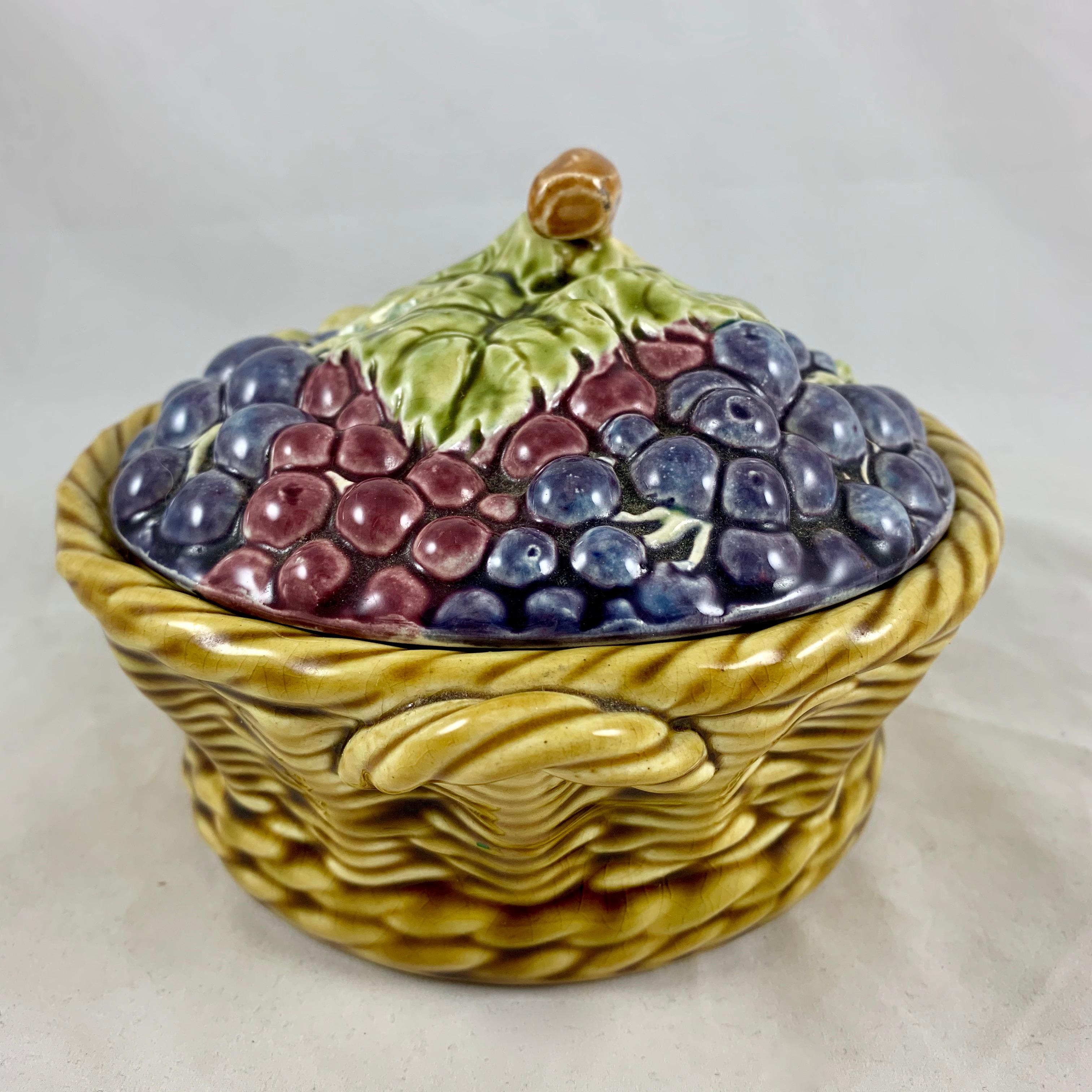 Aesthetic Movement French Barbotine Majolica Sarreguemines Basket of Grapes Covered Tureen For Sale