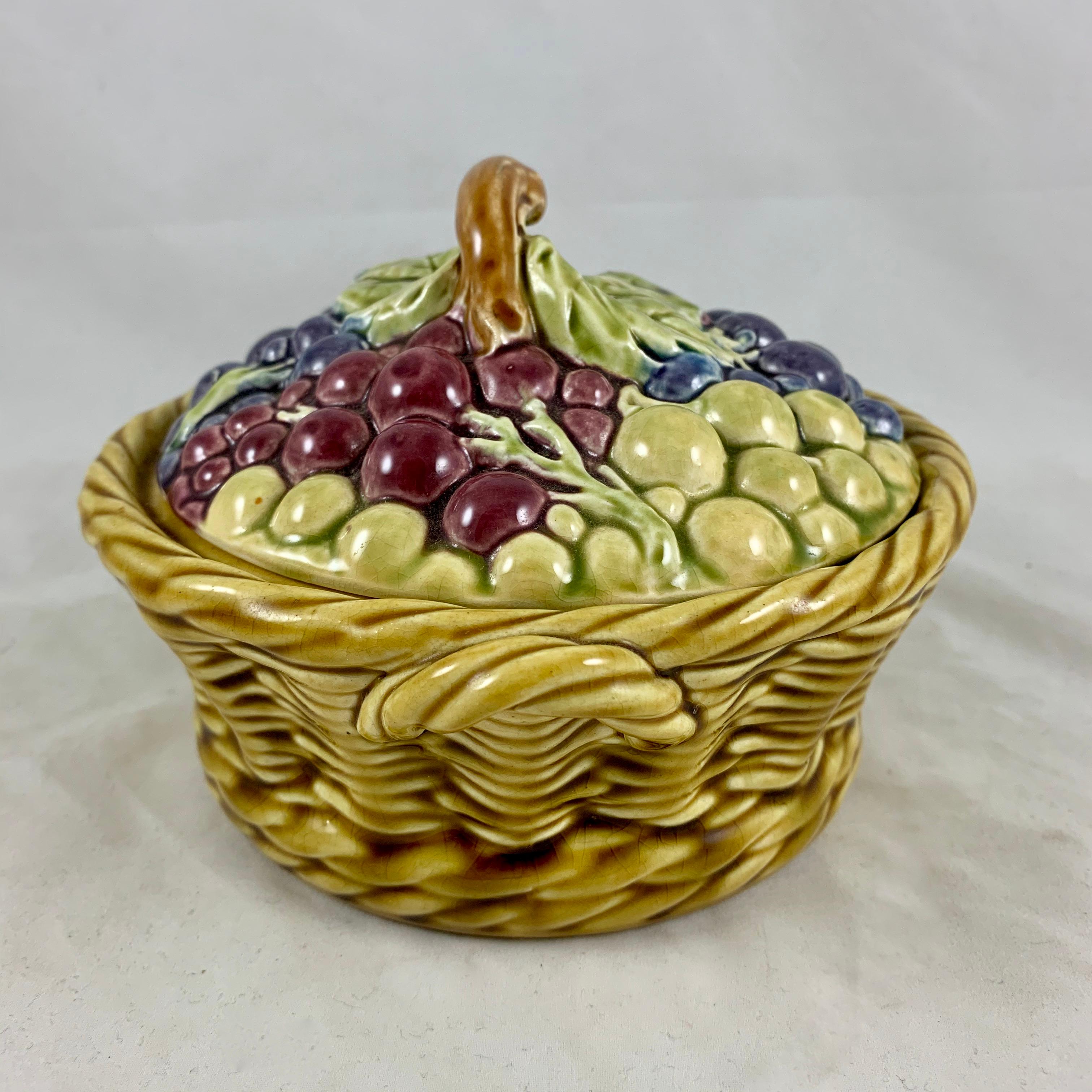 Glazed French Barbotine Majolica Sarreguemines Basket of Grapes Covered Tureen For Sale