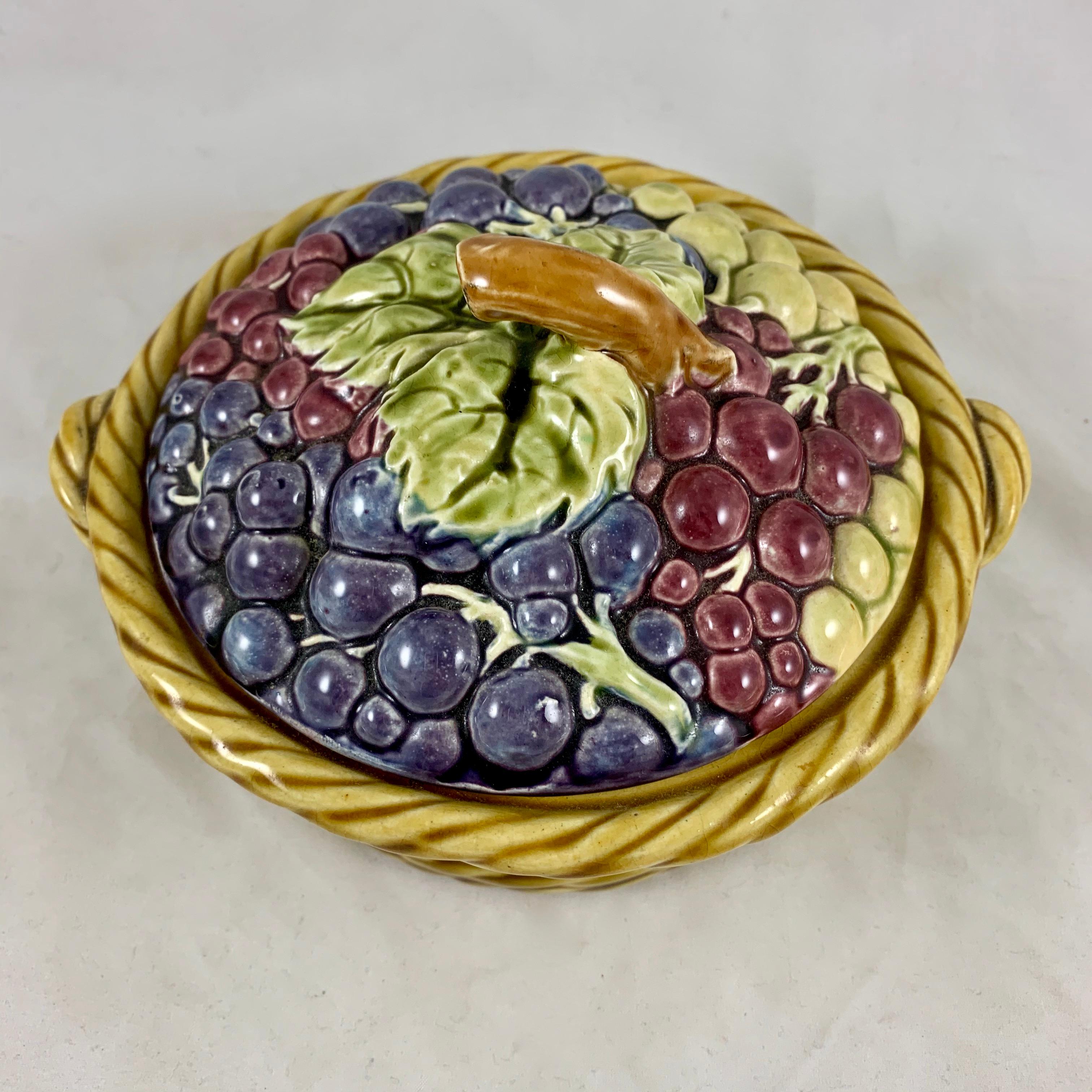 20th Century French Barbotine Majolica Sarreguemines Basket of Grapes Covered Tureen For Sale