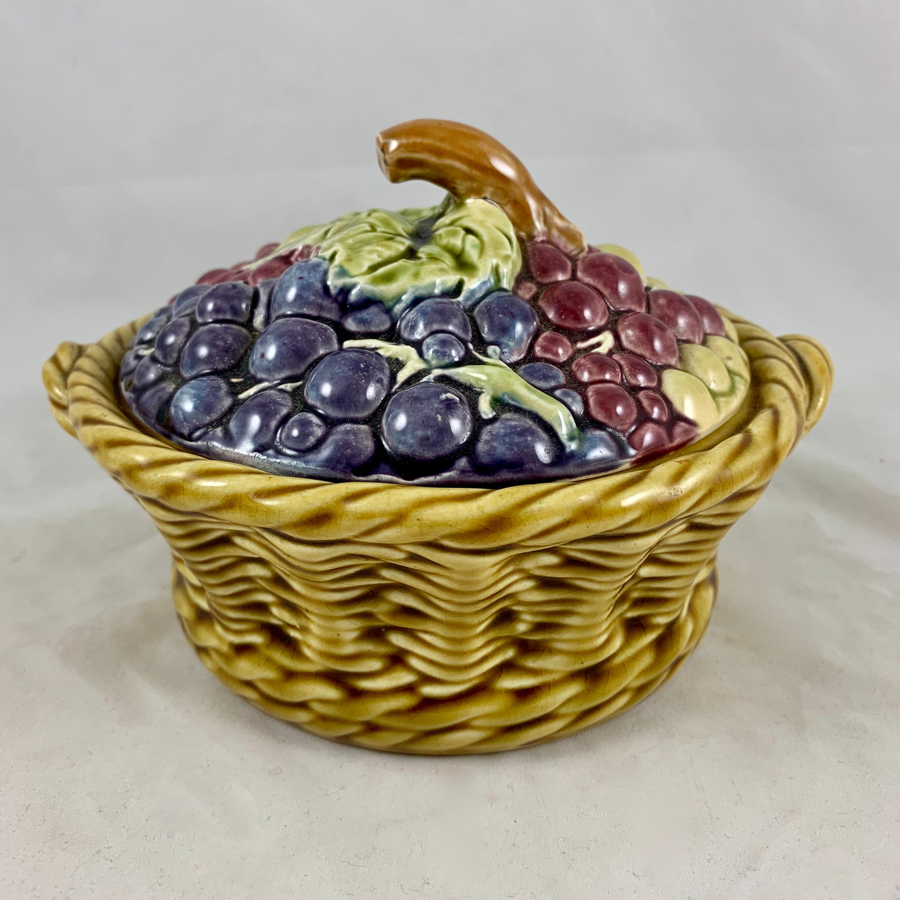 French Barbotine Majolica Sarreguemines Basket of Pansies Covered Tureen For Sale 1