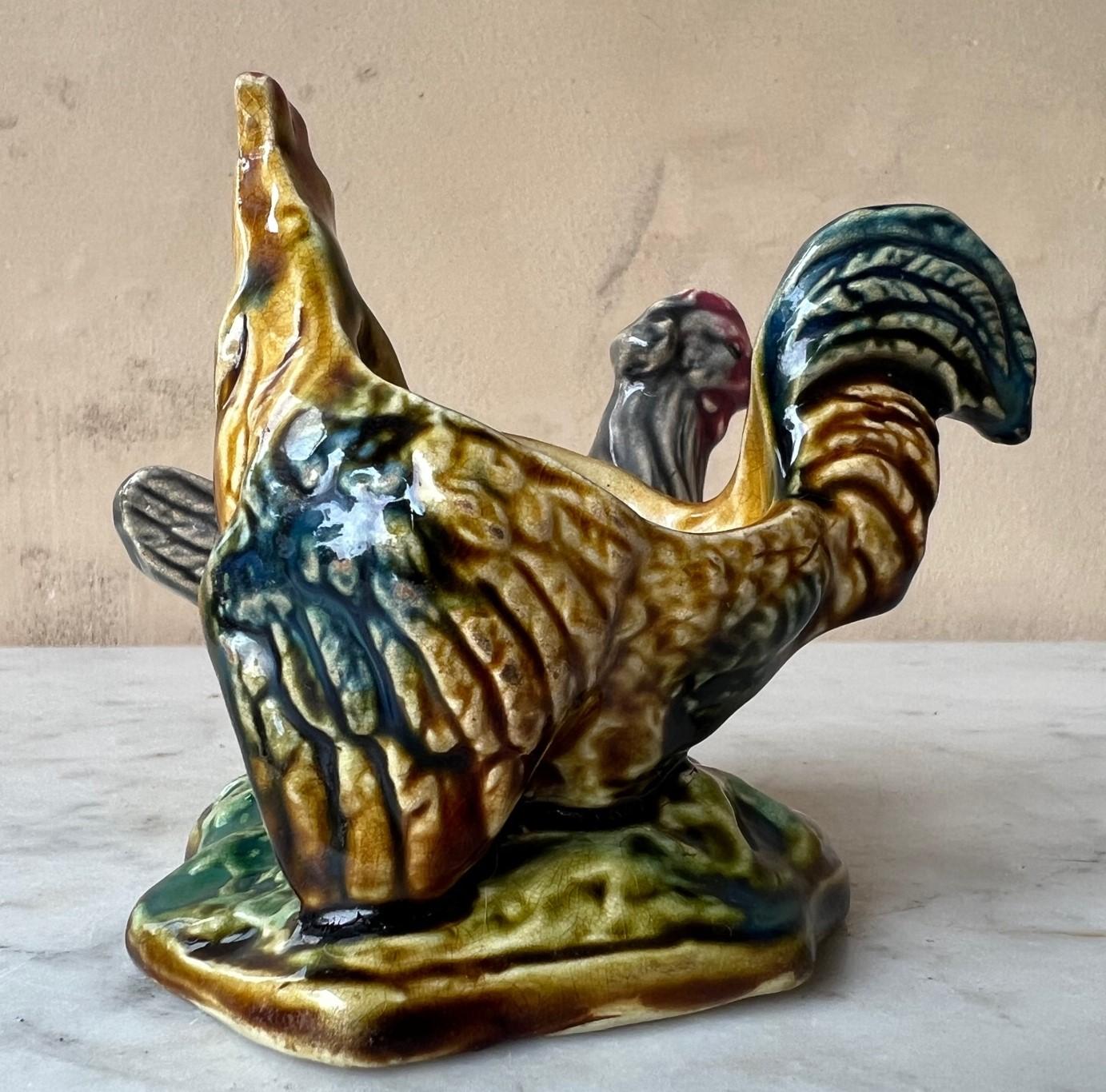 French Provincial French Barbotine Rooster Salt & Pepper Cellars, circa 1900s For Sale