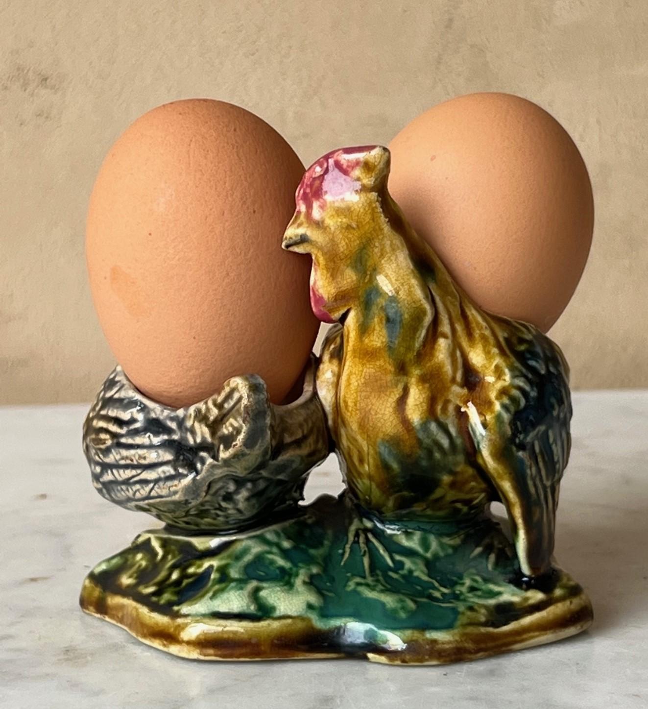 Early 20th Century French Barbotine Rooster Salt & Pepper Cellars, circa 1900s For Sale