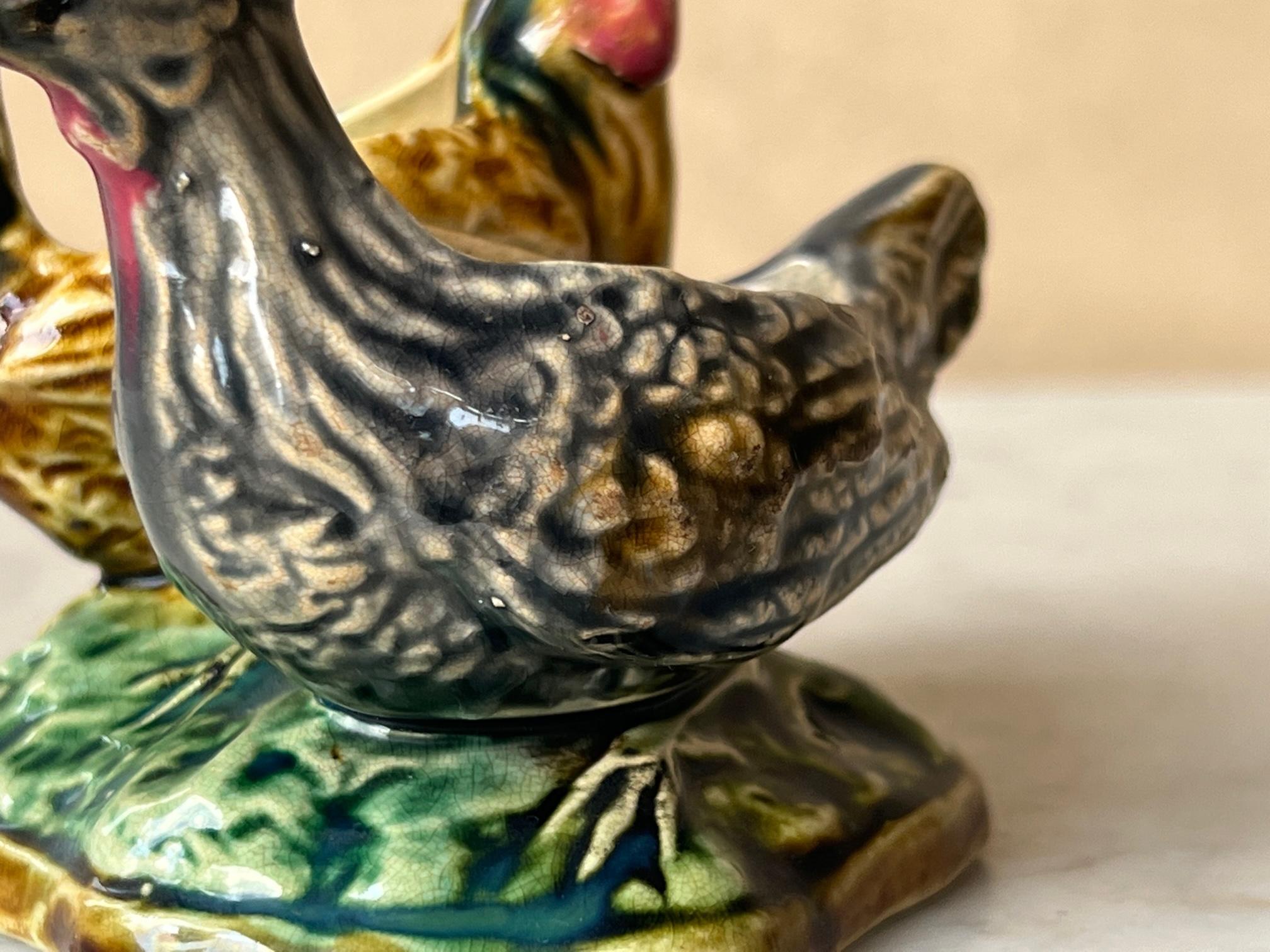 Ceramic French Barbotine Rooster Salt & Pepper Cellars, circa 1900s For Sale