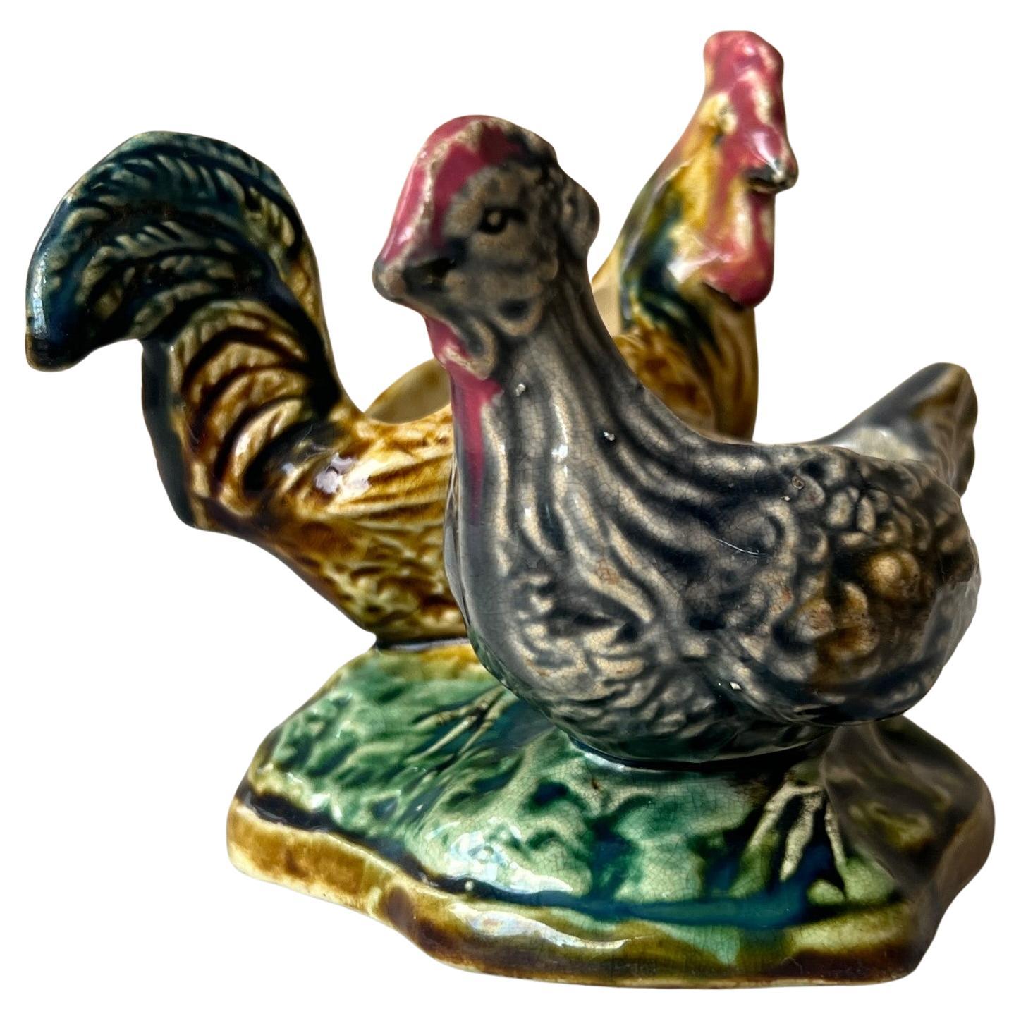 French Barbotine Rooster Salt & Pepper Cellars, circa 1900s For Sale