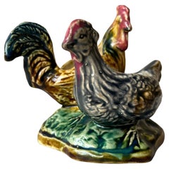 Antique French Barbotine Rooster Salt & Pepper Cellars, circa 1900s