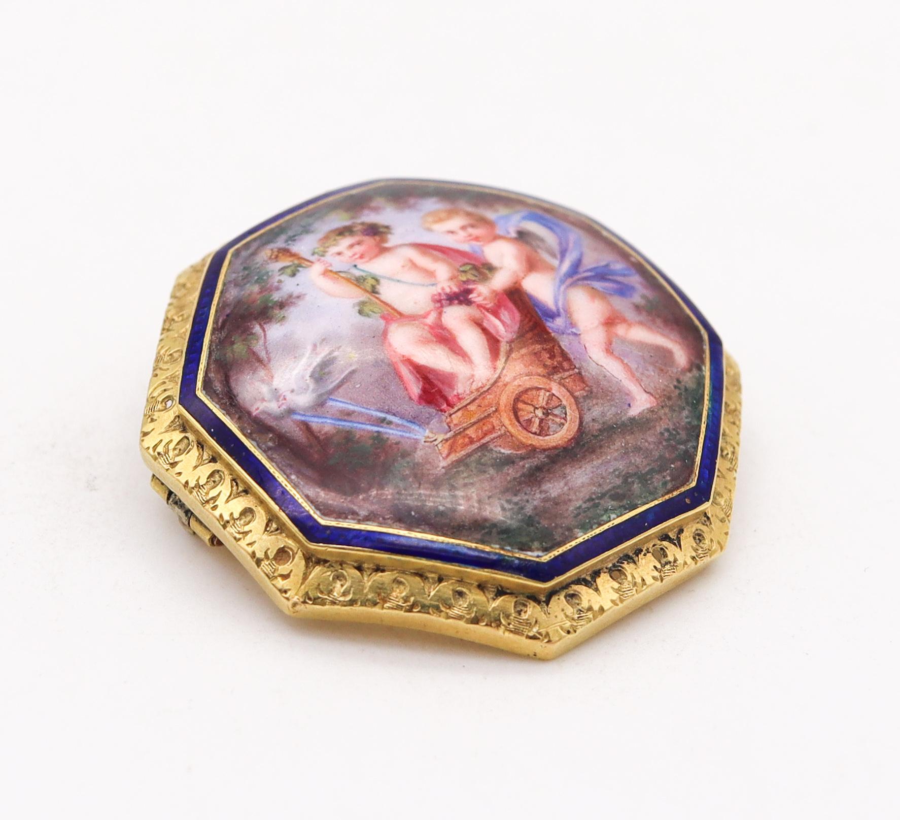 French enameled brooch with the triumph of Bacchus and cupid.

An exceptional neo-classic French piece, created in Paris in the first quarter of the 19th century, circa 1820. Made up in an octagonal bombe shape, carefully crafted in solid yellow