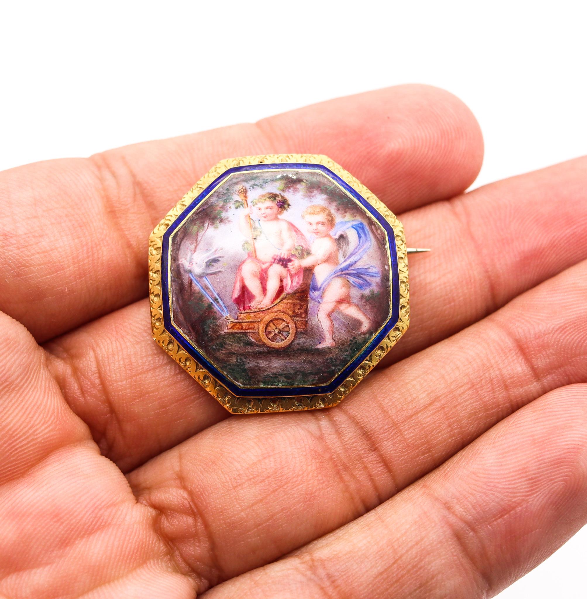 French Baroque 19th Century Enameled Brooch Triumph of Bacchus & Cupid 18Kt Gold For Sale 1