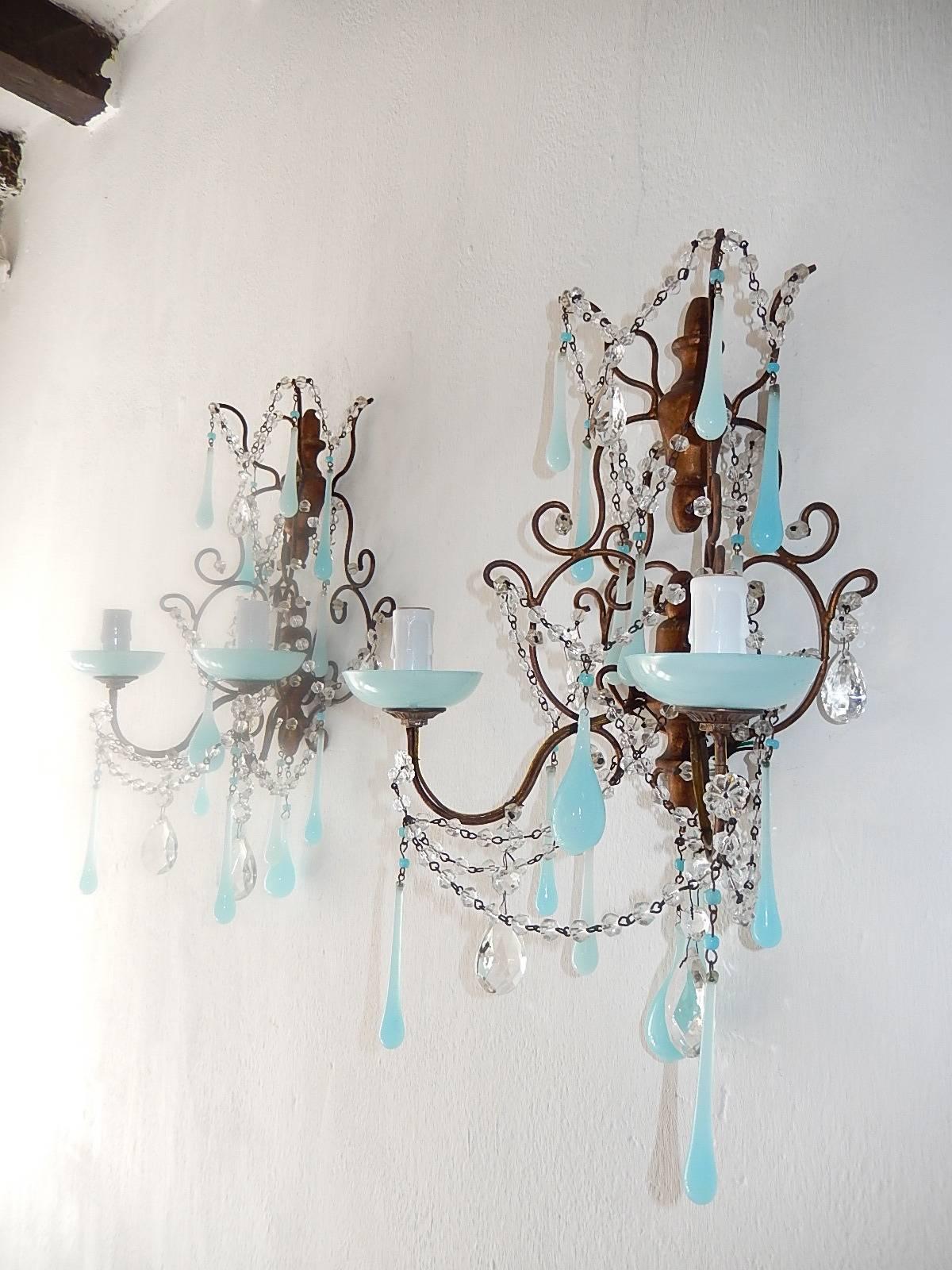 French Baroque Aqua Blue Opaline Drop Bead Bobeches Rock Crystal Sconces In Excellent Condition In Modena (MO), Modena (Mo)