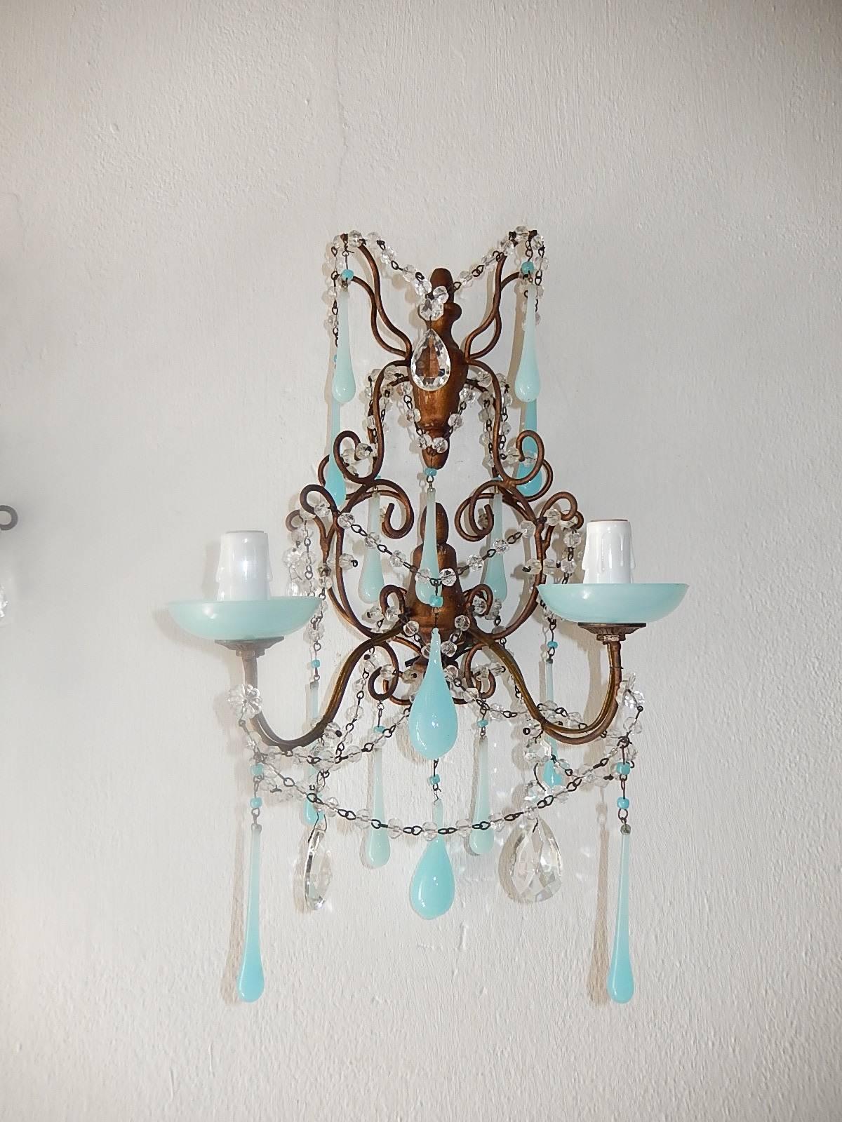 Early 20th Century French Baroque Aqua Blue Opaline Drop Bead Bobeches Rock Crystal Sconces